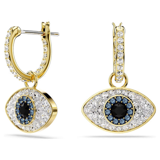 Introducing the Swarovski Symbolica Evil Eye Drop Earrings, these gold hoops feature a stunning dangling eye design adorned with blue and white gemstones, centered around a dark stone. Embrace the mystical glamour of evil eye motifs for a truly captivating style.