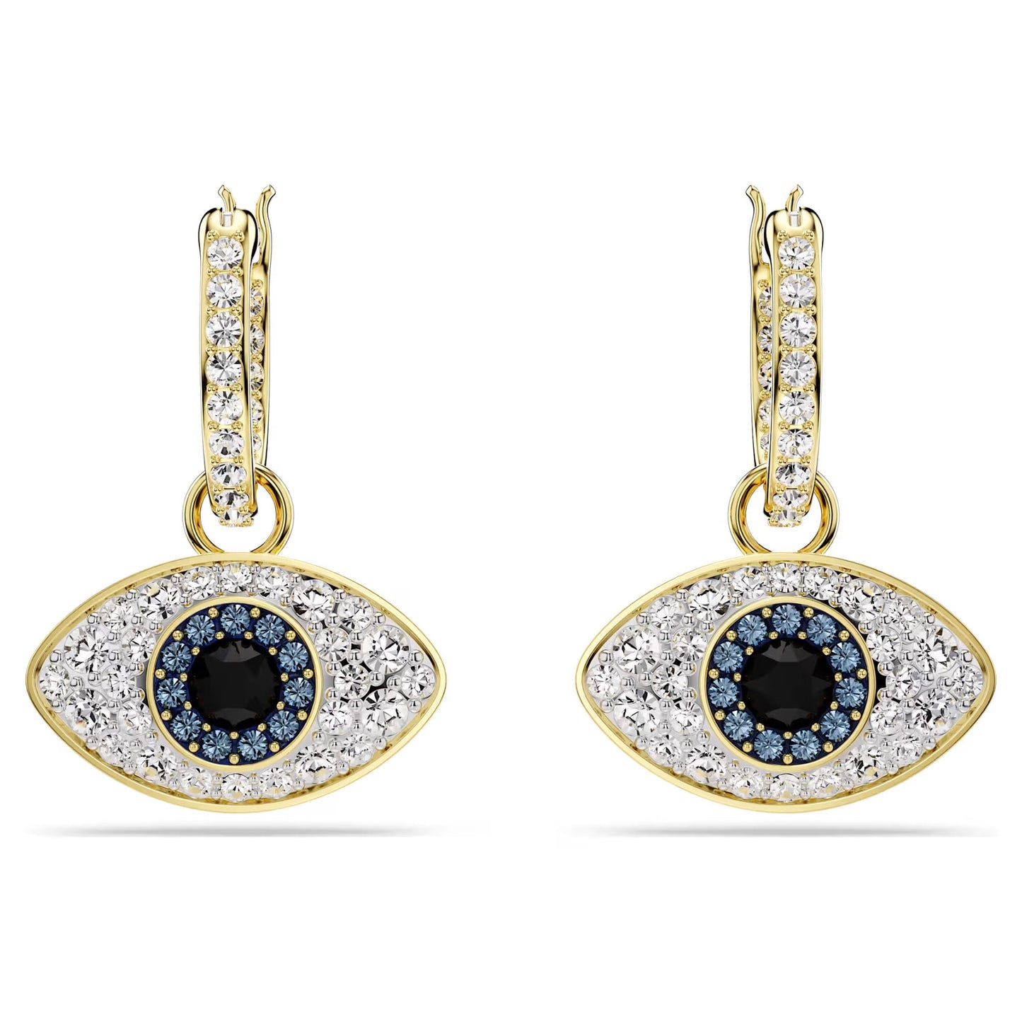 Introducing the Swarovski Symbolica Evil Eye Drop Earrings, a stunning pair of gold earrings by Swarovski featuring eye-shaped pendants adorned with clear and blue gemstones. With a central black gemstone surrounded by circular layers of smaller stones on a decorative hoop, they embody mystical glamour with their iconic evil eye motifs.