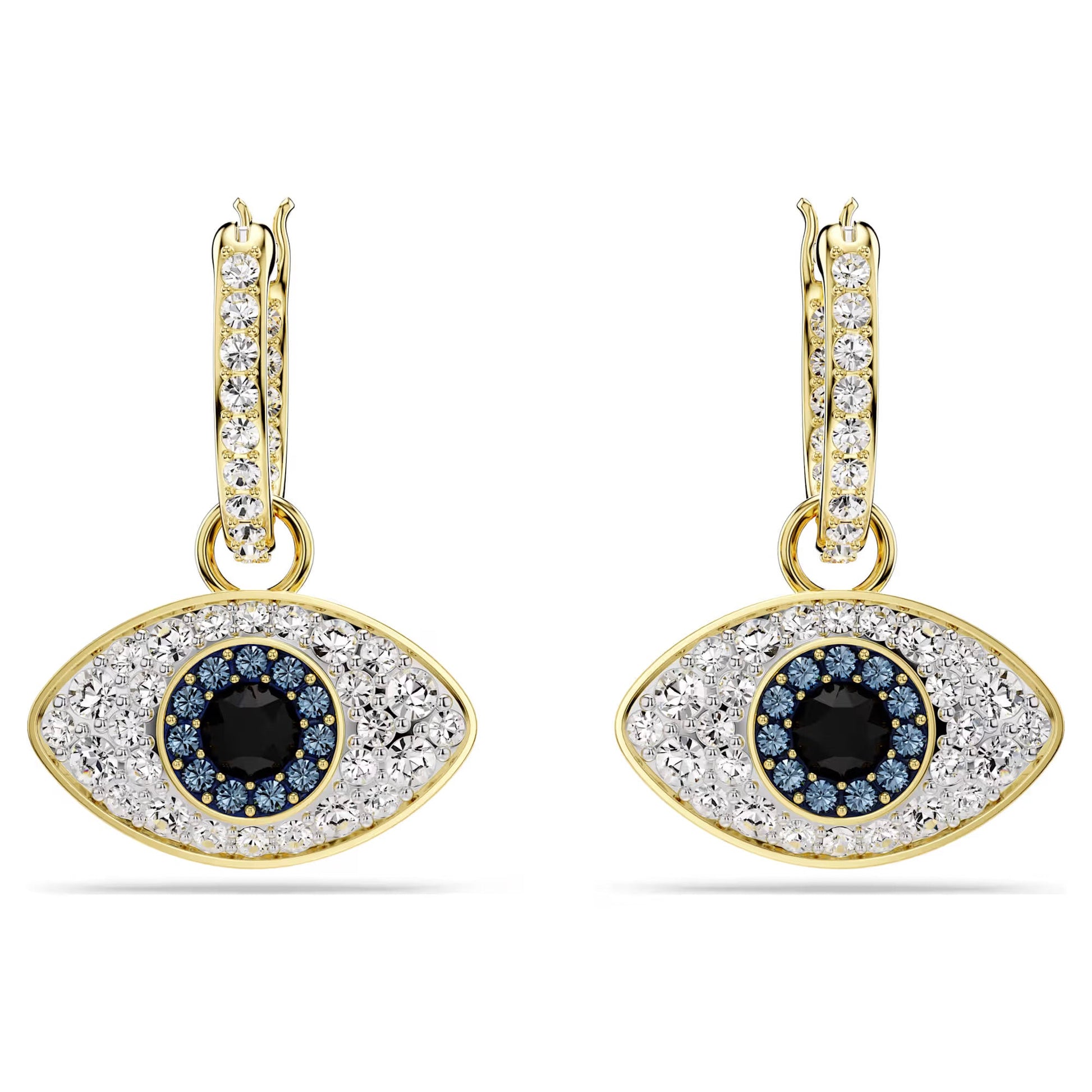 Introducing the Swarovski Symbolica Evil Eye Drop Earrings, a stunning pair of gold earrings by Swarovski featuring eye-shaped pendants adorned with clear and blue gemstones. With a central black gemstone surrounded by circular layers of smaller stones on a decorative hoop, they embody mystical glamour with their iconic evil eye motifs.