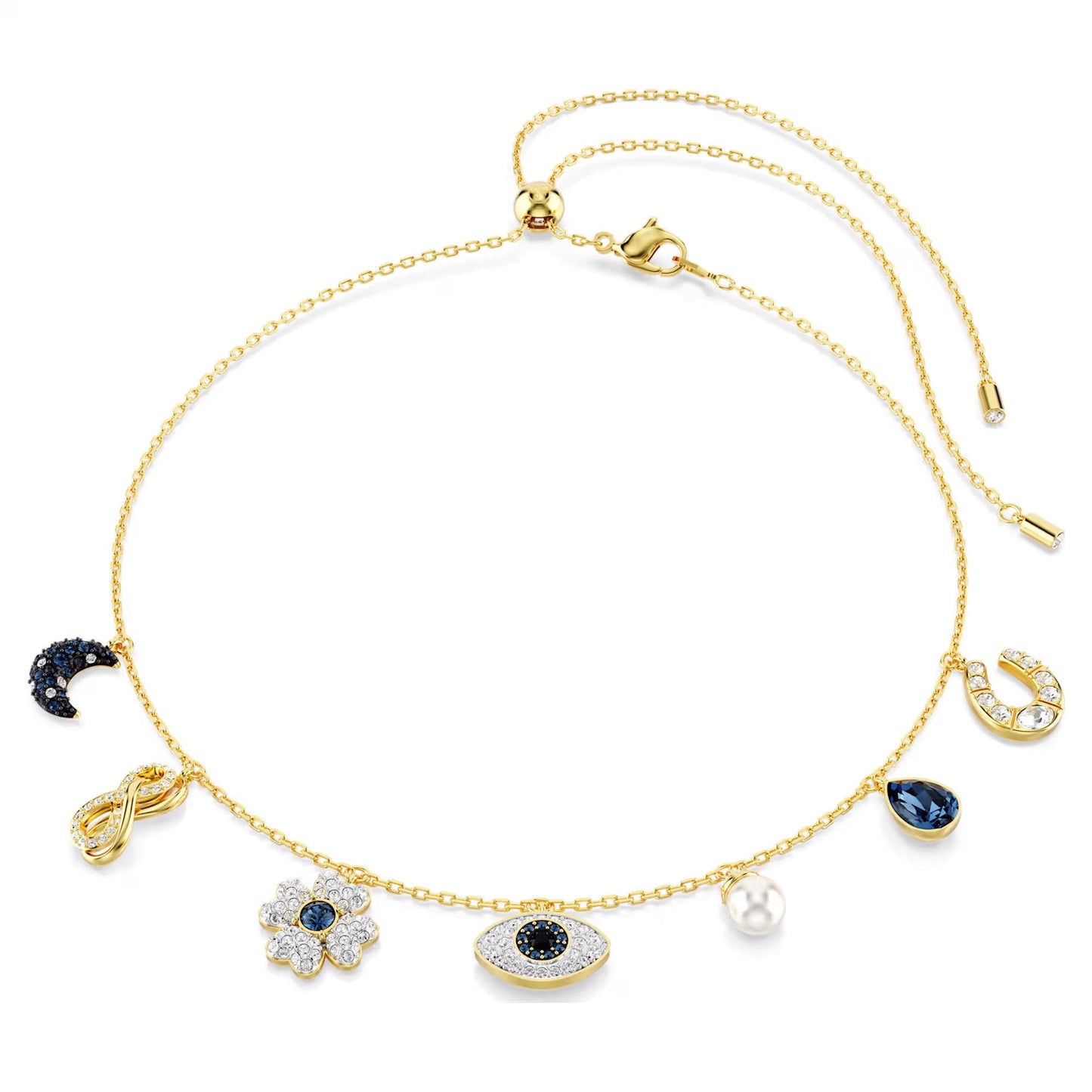 The Swarovski Symbolica Evil Eye Choker Necklace, gold-tone plated and featuring a Swarovski Crystal Pearl, presents a collection of charms: crescent moon, infinity symbol, flower, eye, pearl, and horseshoe. Each charm is beautifully adorned with black and white crystals against a light background.