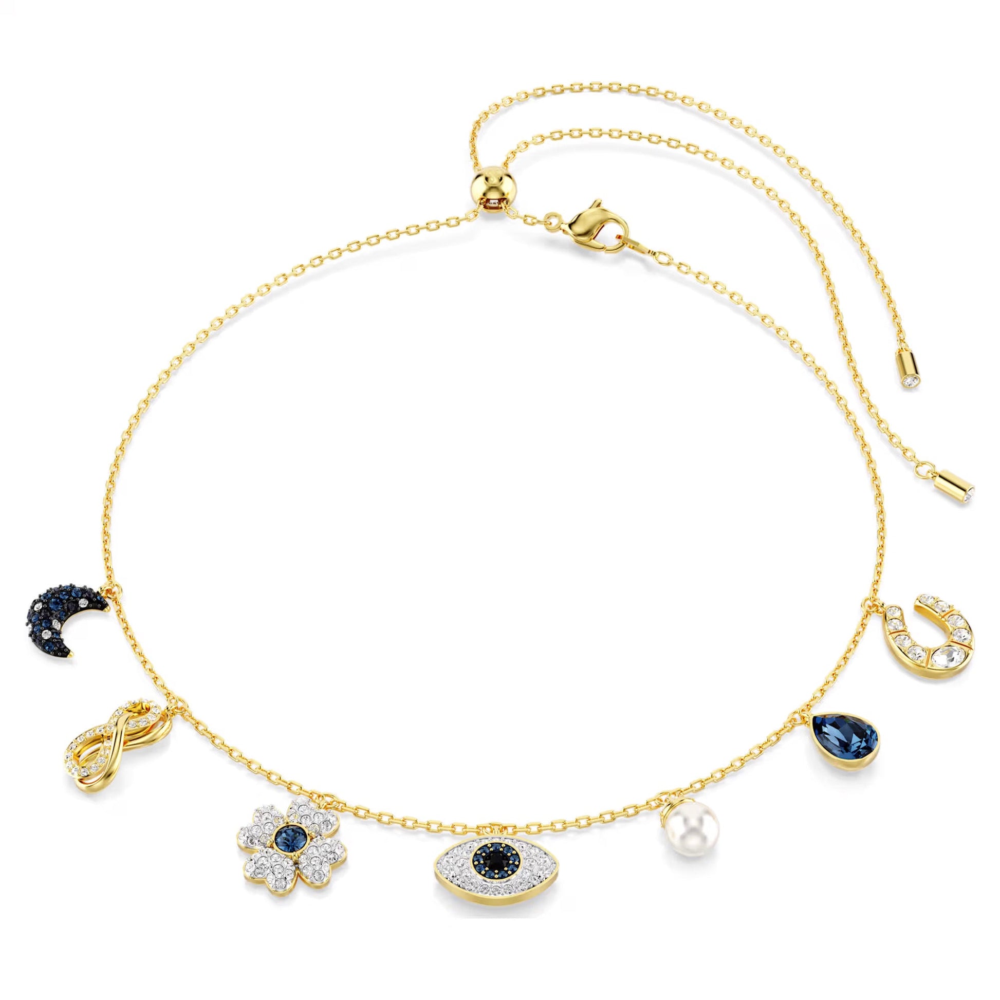 The Swarovski Symbolica Evil Eye Choker Necklace, gold-tone plated and featuring a Swarovski Crystal Pearl, presents a collection of charms: crescent moon, infinity symbol, flower, eye, pearl, and horseshoe. Each charm is beautifully adorned with black and white crystals against a light background.