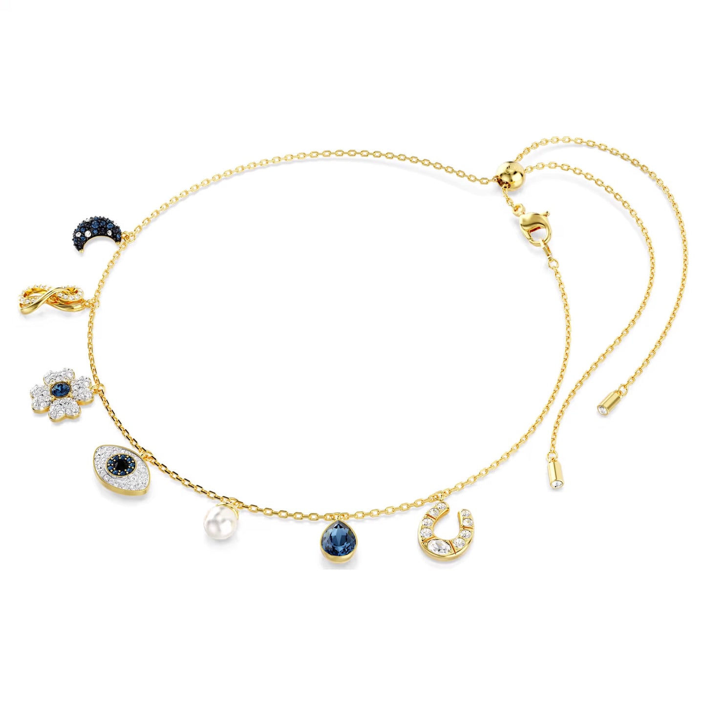 The Swarovski Symbolica Evil Eye Choker Necklace by Swarovski highlights a captivating gold design embellished with charming elements, including a blue crescent moon, an infinity symbol, and a flower with sparkling accents. It is also adorned with a Swarovski Crystal Pearl, a blue gemstone, among other details. The adjustable clasp guarantees the ideal fit.