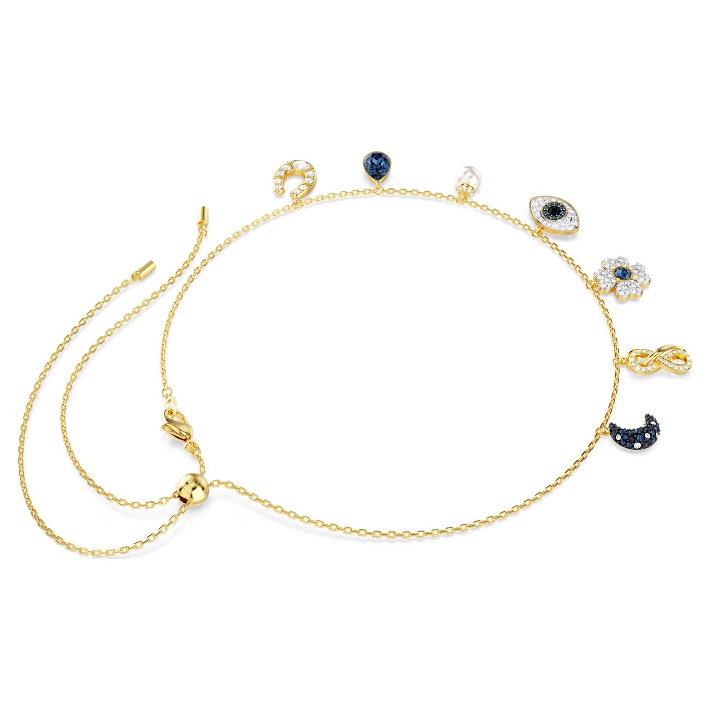 The Swarovski Symbolica Evil Eye Choker Necklace is a delicate gold piece featuring eight pendants, among which are a horseshoe, a dark teardrop, an eye, and even a blue crescent moon charm. Each pendant is adorned with a mix of vibrant blue and clear gemstones. The design includes an adjustable clasp for perfect wear.