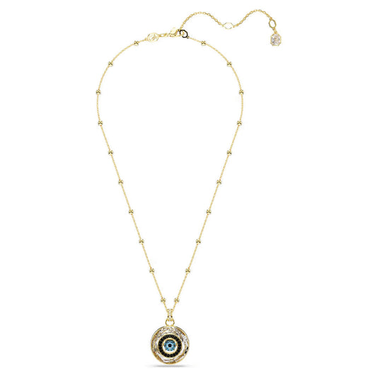 A delicate Swarovski Symbolica Necklace Pendant features a gold chain with small, evenly spaced round beads. It includes a beautifully intricate pendant with a central blue and white circular motif reminiscent of an evil eye charm, exemplifying Swarovski's exquisite jewellery craftsmanship.