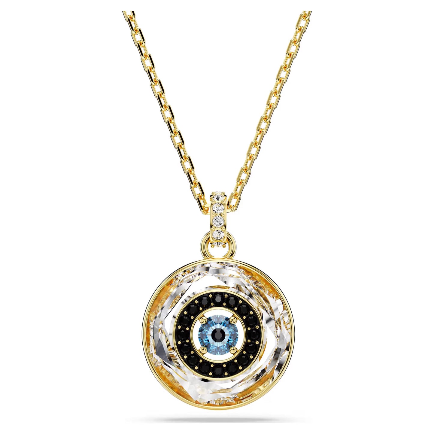 The Swarovski Symbolica Evil Eye Necklace Pendant by Swarovski features a gold-tone necklace with a circular pendant showcasing an evil eye motif. The pendant is adorned with a blue center surrounded by black and gold rings embellished with small studs, resembling the elegance of Swarovski pendants. The chain is both delicate and shiny.