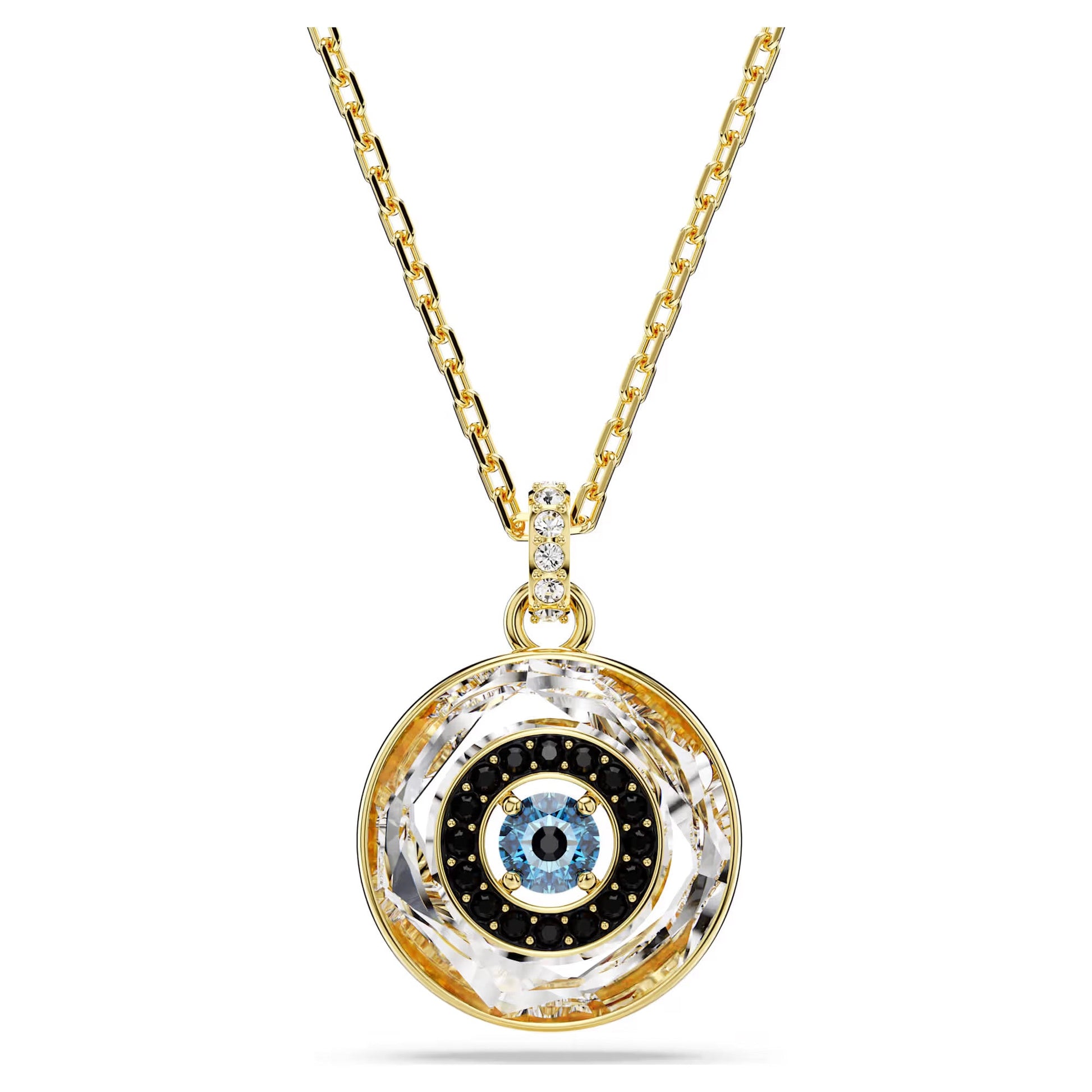 The Swarovski Symbolica Evil Eye Necklace Pendant by Swarovski features a gold-tone necklace with a circular pendant showcasing an evil eye motif. The pendant is adorned with a blue center surrounded by black and gold rings embellished with small studs, resembling the elegance of Swarovski pendants. The chain is both delicate and shiny.