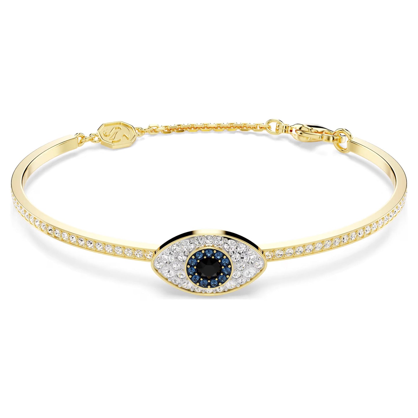 Introducing the Swarovski Symbolica Evil Eye Bangle: a striking piece of jewelry featuring a gold-tone plated design with an eye-shaped centerpiece adorned with dazzling white and dark blue stones. The bracelet band is decorated with additional small stones and finished with an elegant chain clasp.