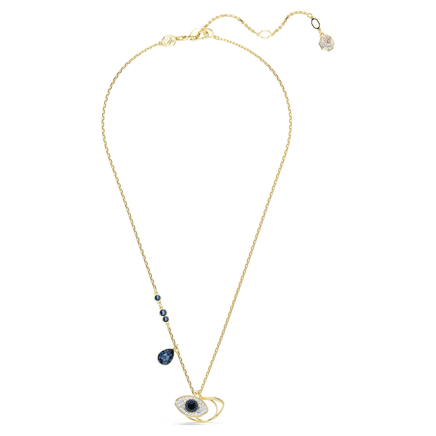 A Swarovski gold chain necklace features a Symbolica Evil Eye pendant, showcasing a blue and silver design with an evil eye motif. The pendant includes a blue teardrop gem and three round beads on the chain.