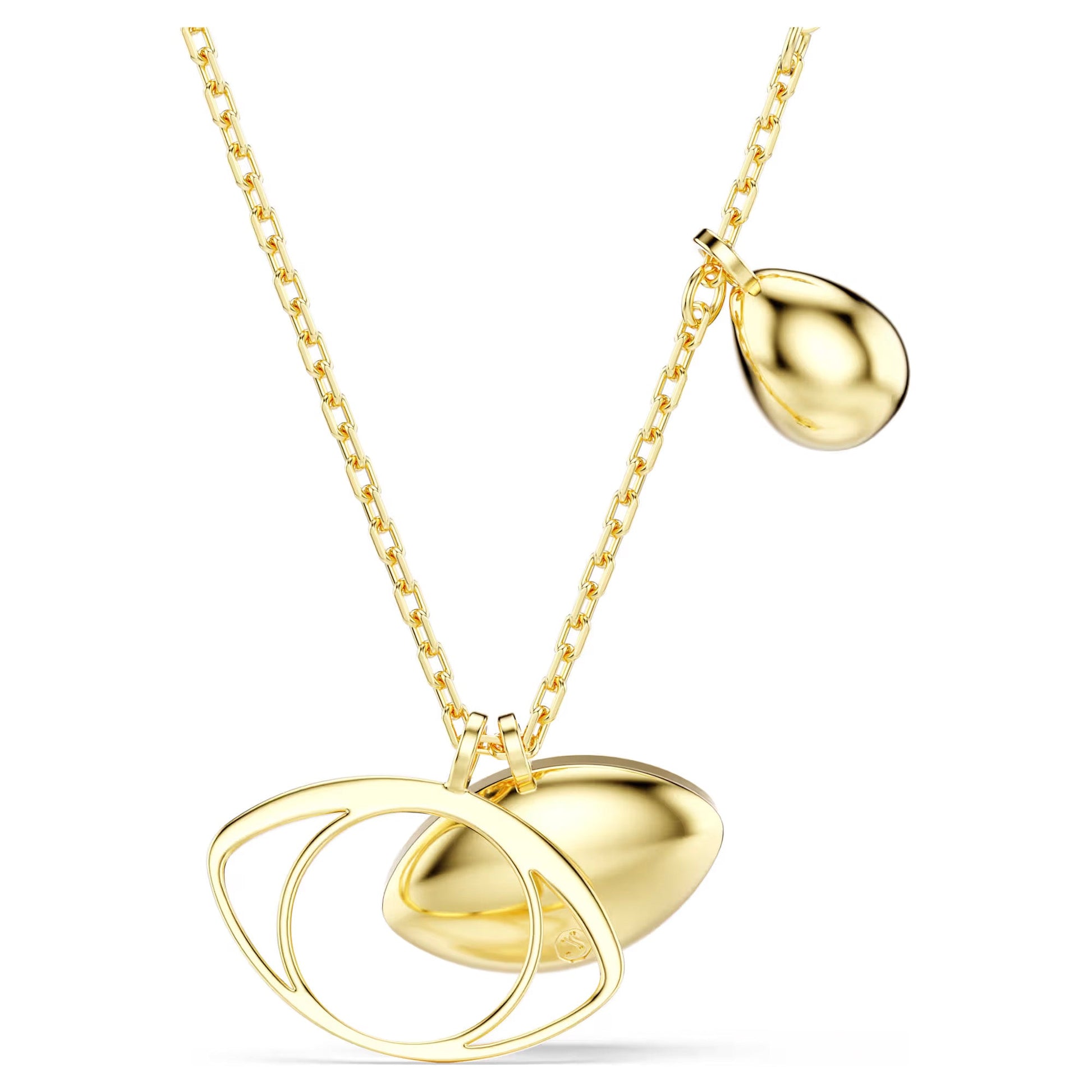 Introducing the Swarovski Symbolica Evil Eye Necklace Pendant, a gold necklace featuring a distinct eye-shaped design by Swarovski. It showcases an evil eye motif paired with a teardrop charm, with an open circular center and the teardrop elegantly hanging from the chain. The jewelry is beautifully presented against a white background.