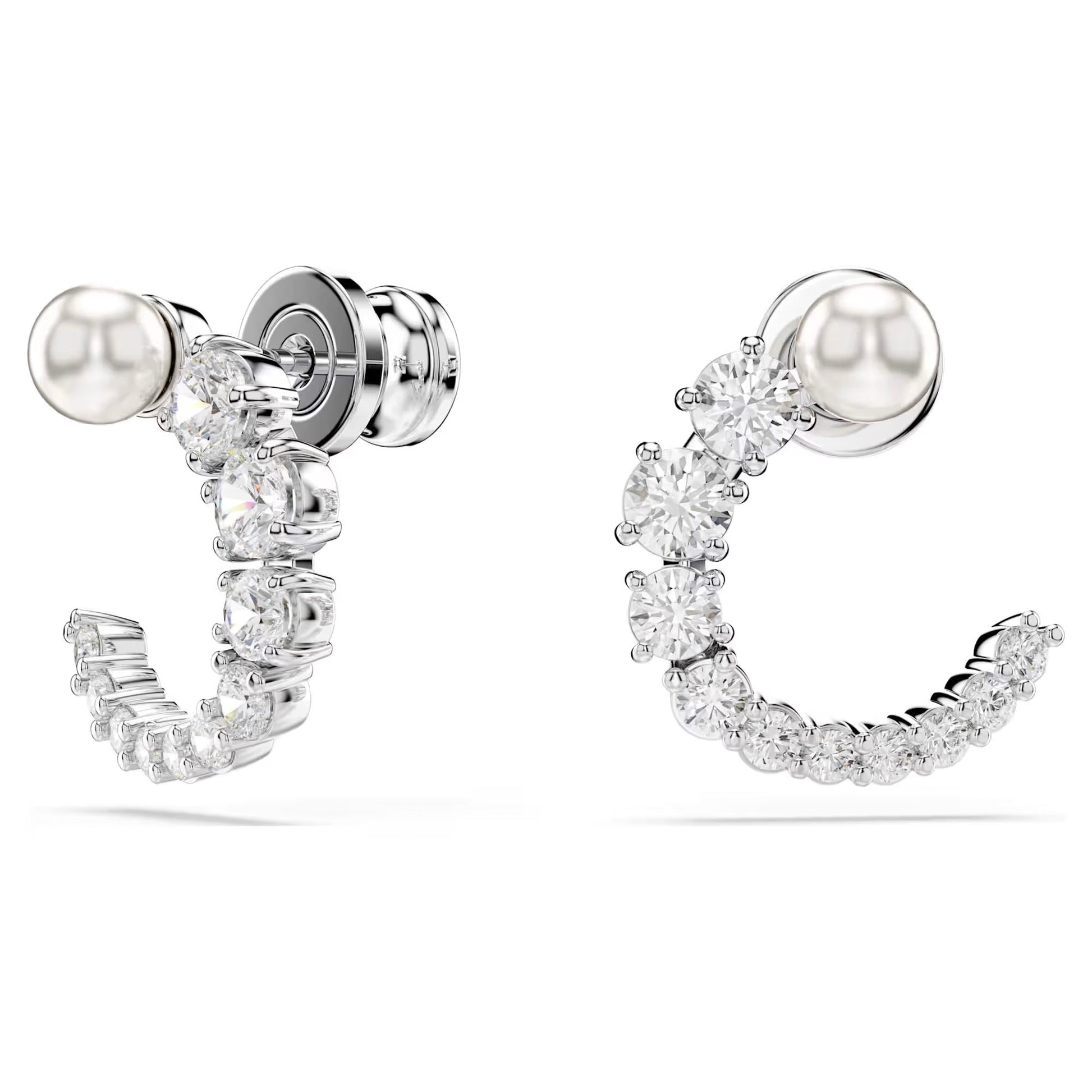 The Swarovski Matrix Hoop Earrings by Swarovski feature a modern design with a semi-circle row of small, sparkling Swarovski Zirconia crystals and an elegantly accented stud part with a lustrous pearl.
