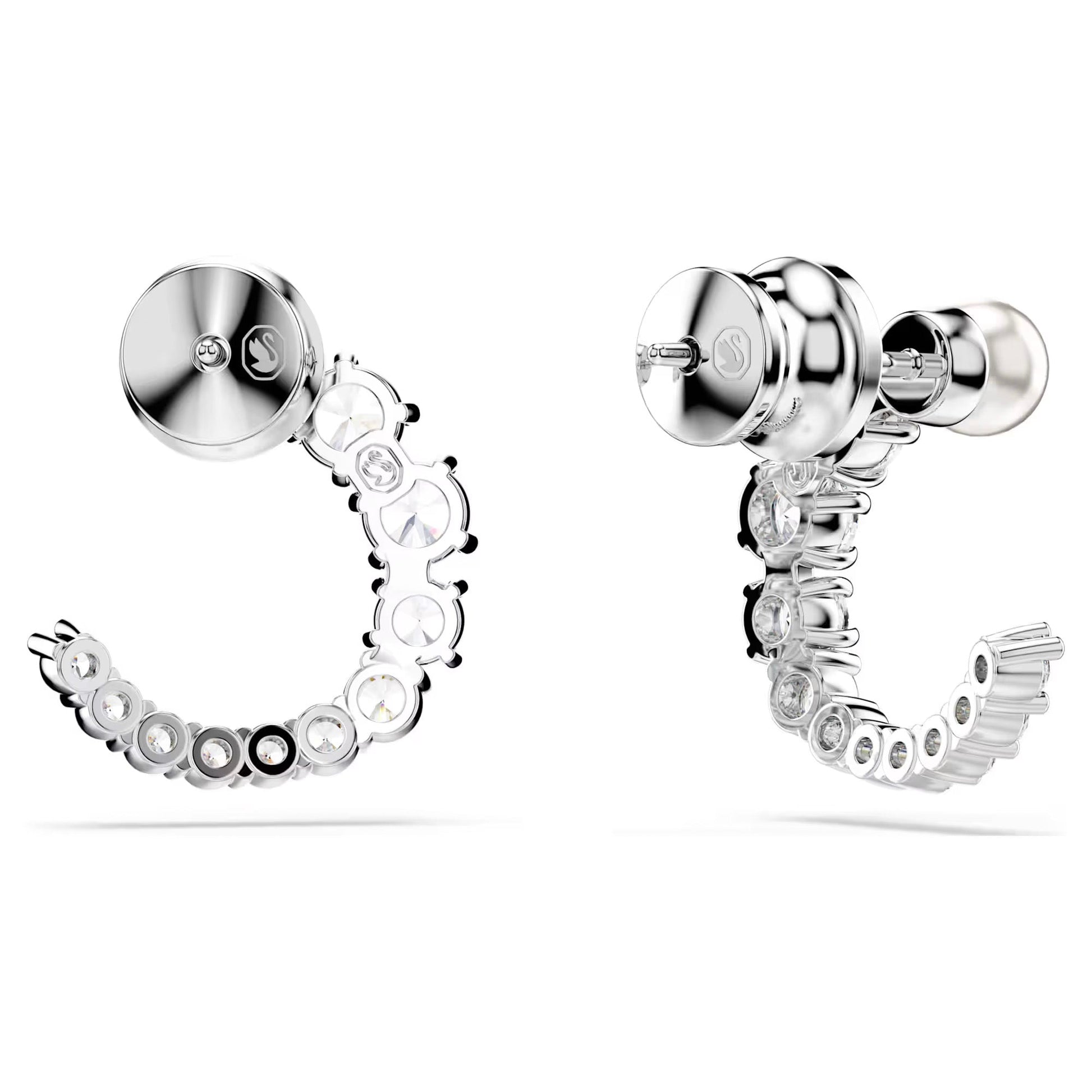 Introducing the Swarovski Matrix Hoop Earrings by Swarovski, featuring sleek silver hoops embellished with small circular Swarovski Zirconia gemstones. The design elegantly curves, connecting a larger round stud at the top to a crescent-shaped dangling section adorned with a geometric pattern. Each piece is beautifully rhodium plated for enhanced shine.