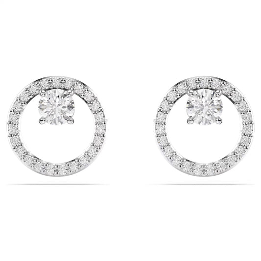 The Swarovski Constella Stud Earrings feature a stunning round central diamond encircled by smaller diamonds, amplifying their brilliance. With a rhodium-plated finish for extra sophistication, they shimmer beautifully against a simple white background, providing an elegant and refined appearance.