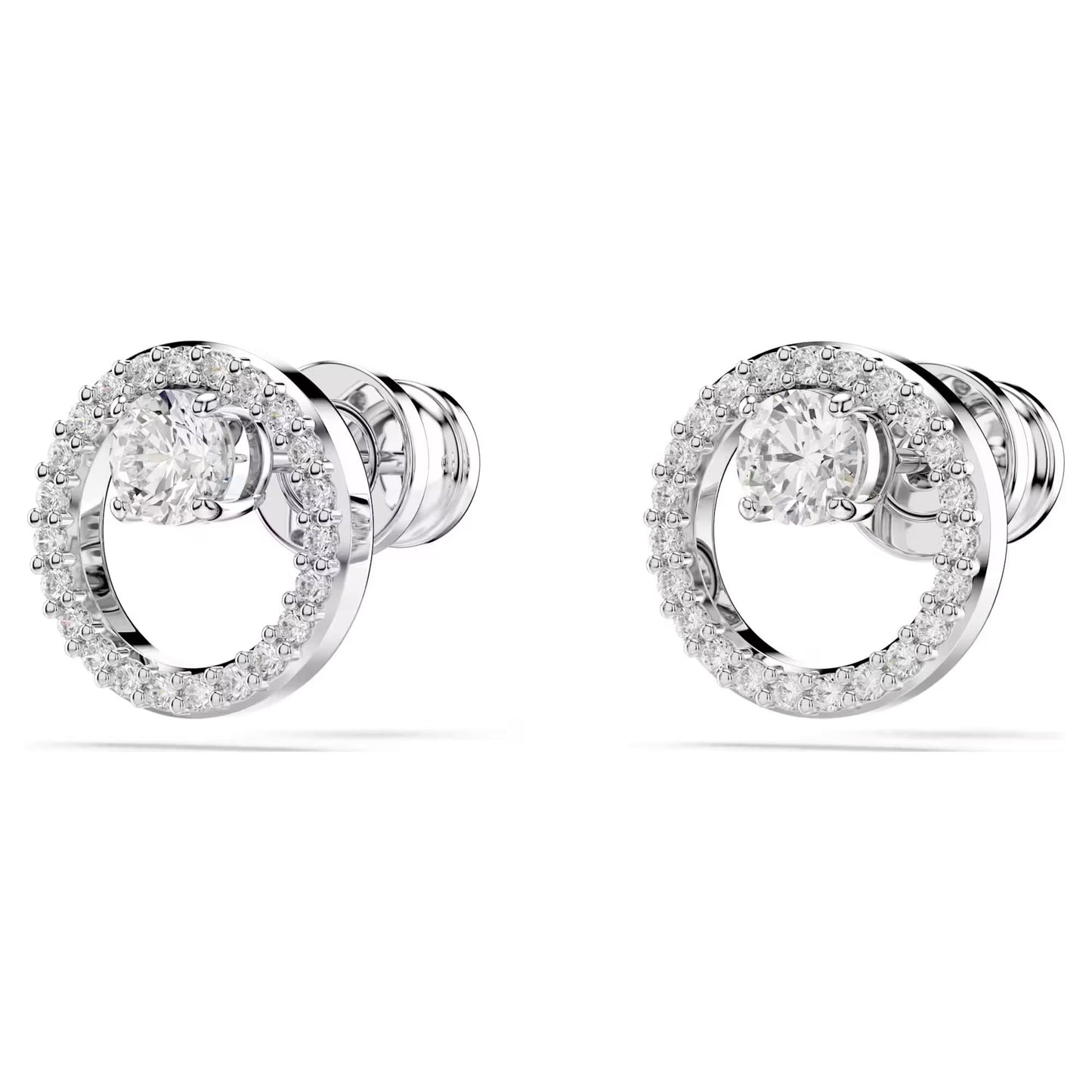 The Swarovski Constella Stud Earrings from Swarovski are a pair of elegant earrings showcasing a central round diamond surrounded by smaller diamonds. These earrings feature a lustrous, rhodium-plated finish and have a stud backing design, making them perfect for adding a touch of glamour to any ensemble.