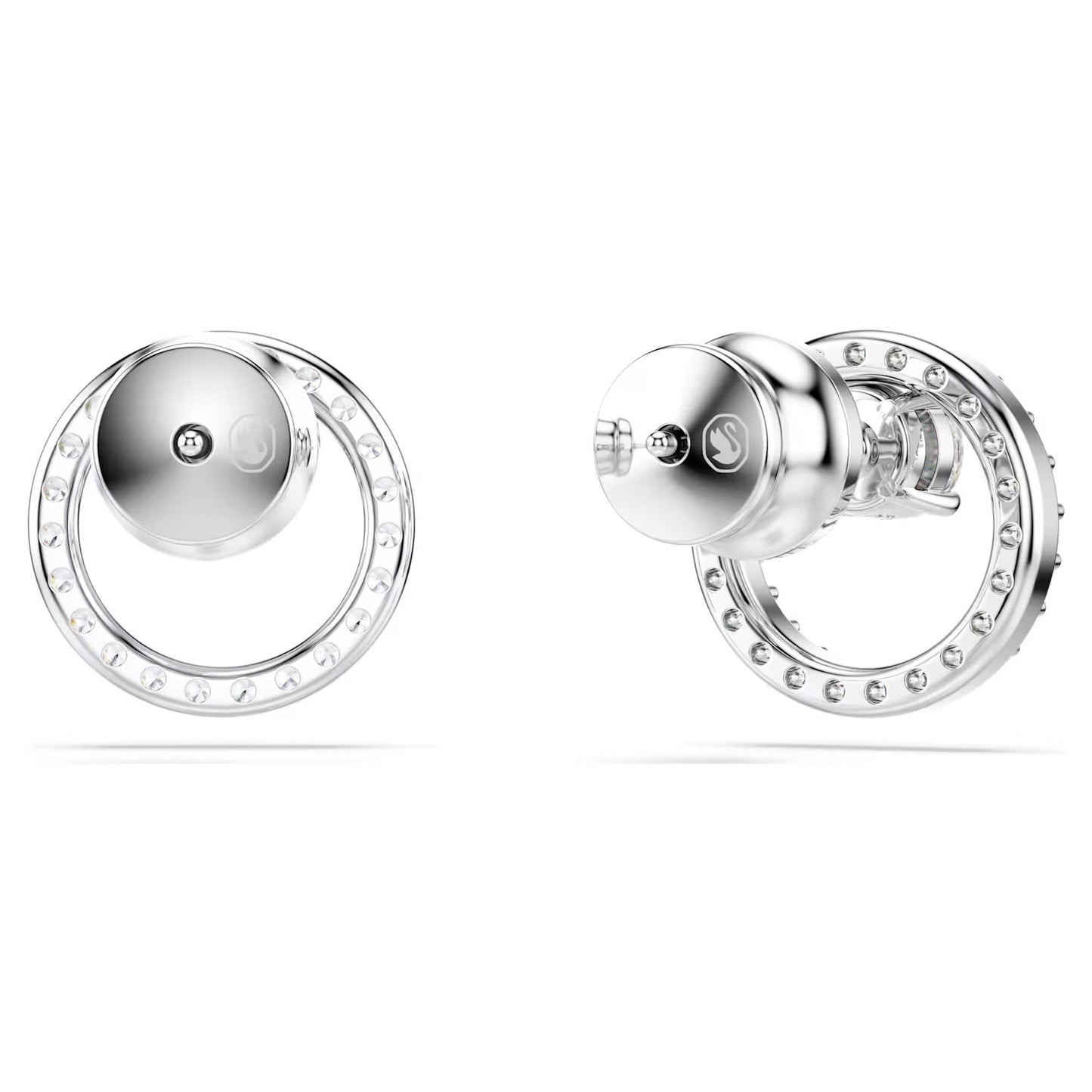 A close-up of Swarovski Constella Stud Earrings, designed with a modern aesthetic and adorned with Swarovski Zirconia embellishments around the edges, set against a white background.