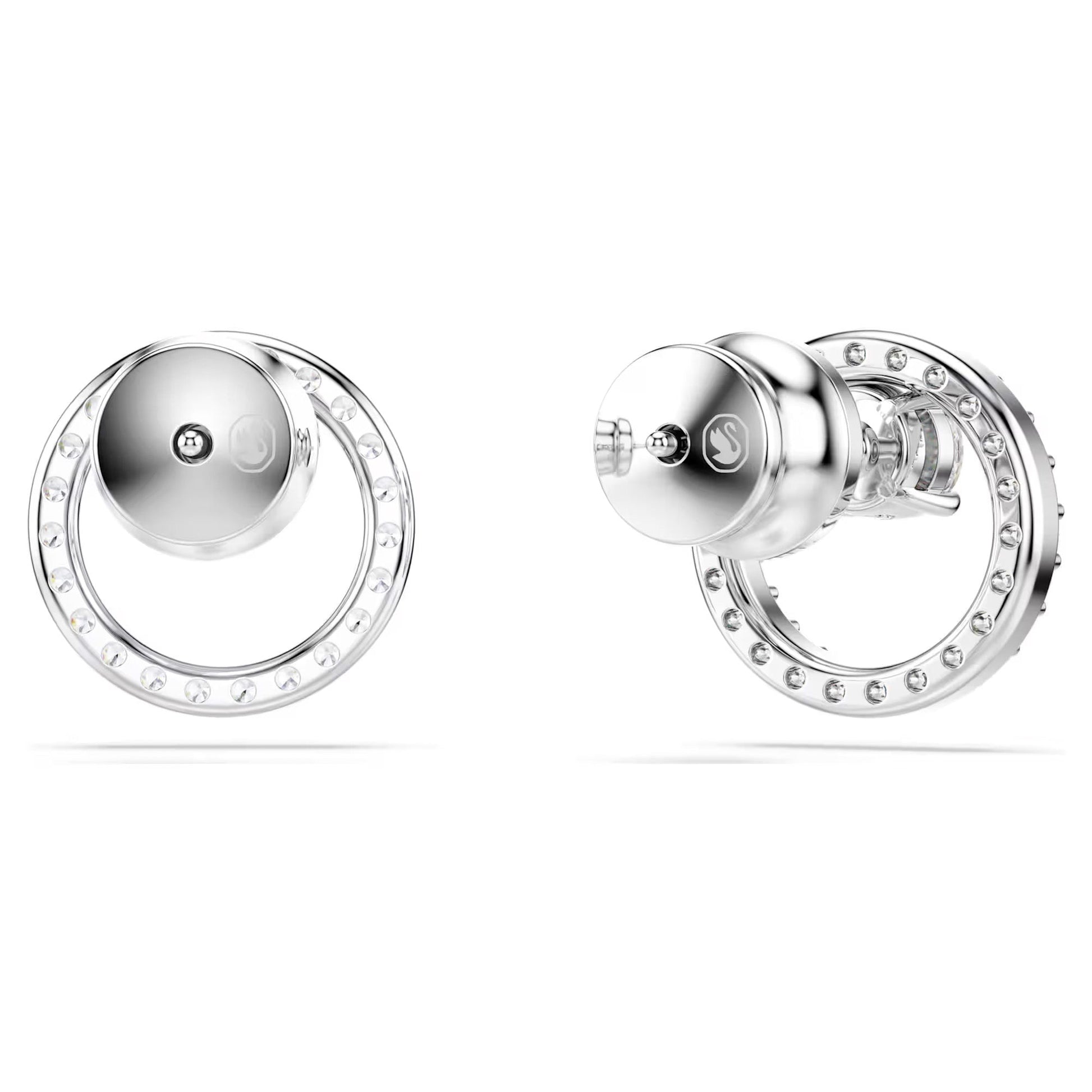 A close-up of Swarovski Constella Stud Earrings, designed with a modern aesthetic and adorned with Swarovski Zirconia embellishments around the edges, set against a white background.