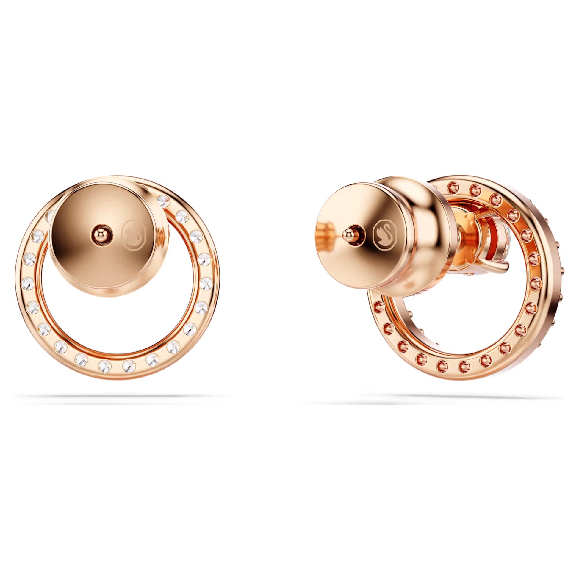 A pair of Swarovski Constella Stud Earrings by Swarovski, designed in rose gold-tone plating with circular decorative designs featuring embedded Swarovski Zirconia on the sides. They boast a sleek, metallic finish and exude a modern, luxurious appearance.