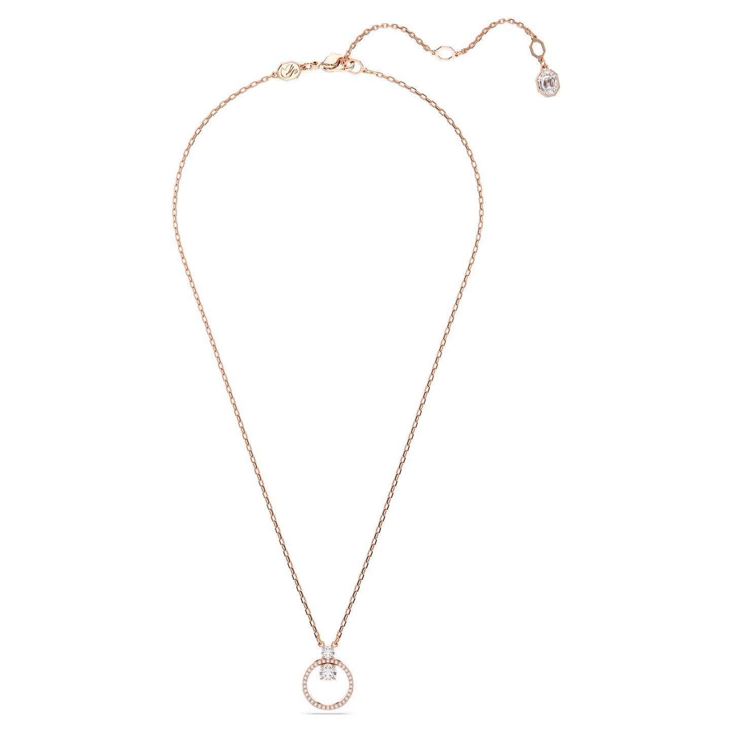 The Swarovski Constella Necklace Pendant by Swarovski is a refined piece featuring a rose gold-tone plated chain with a circular pendant encrusted with Swarovski Zirconia, complete with an adjustable clasp and set against a white background.