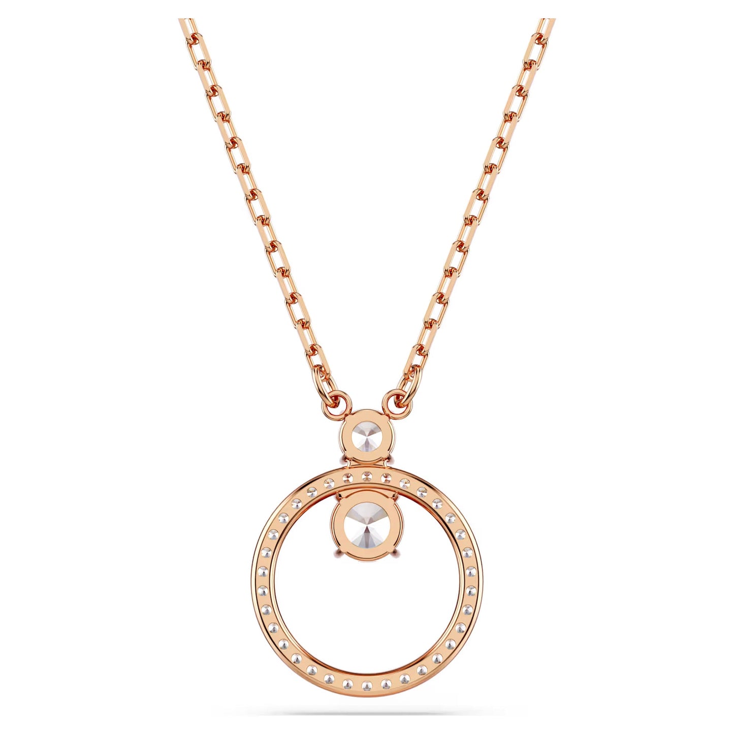 Introducing the Swarovski Constella Necklace Pendant, an exquisite piece by Swarovski. This necklace features a rose gold-tone chain crafted with elegant rectangular links, showcasing a circular pendant embellished with small Swarovski Zirconia crystals and a central bead.