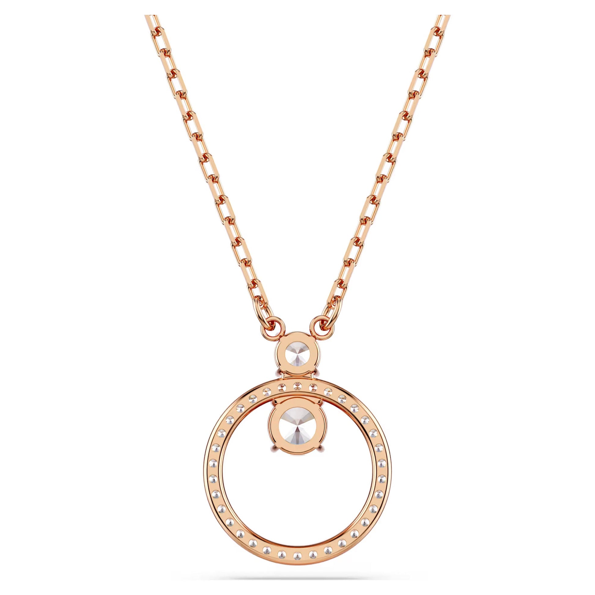 Introducing the Swarovski Constella Necklace Pendant, an exquisite piece by Swarovski. This necklace features a rose gold-tone chain crafted with elegant rectangular links, showcasing a circular pendant embellished with small Swarovski Zirconia crystals and a central bead.