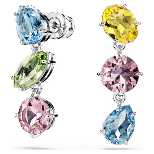 Introducing the Swarovski Gema Multicoloured Drop Earrings, a breathtaking pair of accessories featuring a silver rhodium-plated setting. These earrings beautifully display an array of multicolored crystals in shades of blue, pink, green, and yellow, elegantly arranged in both pear and round cuts for an enchanting appearance.