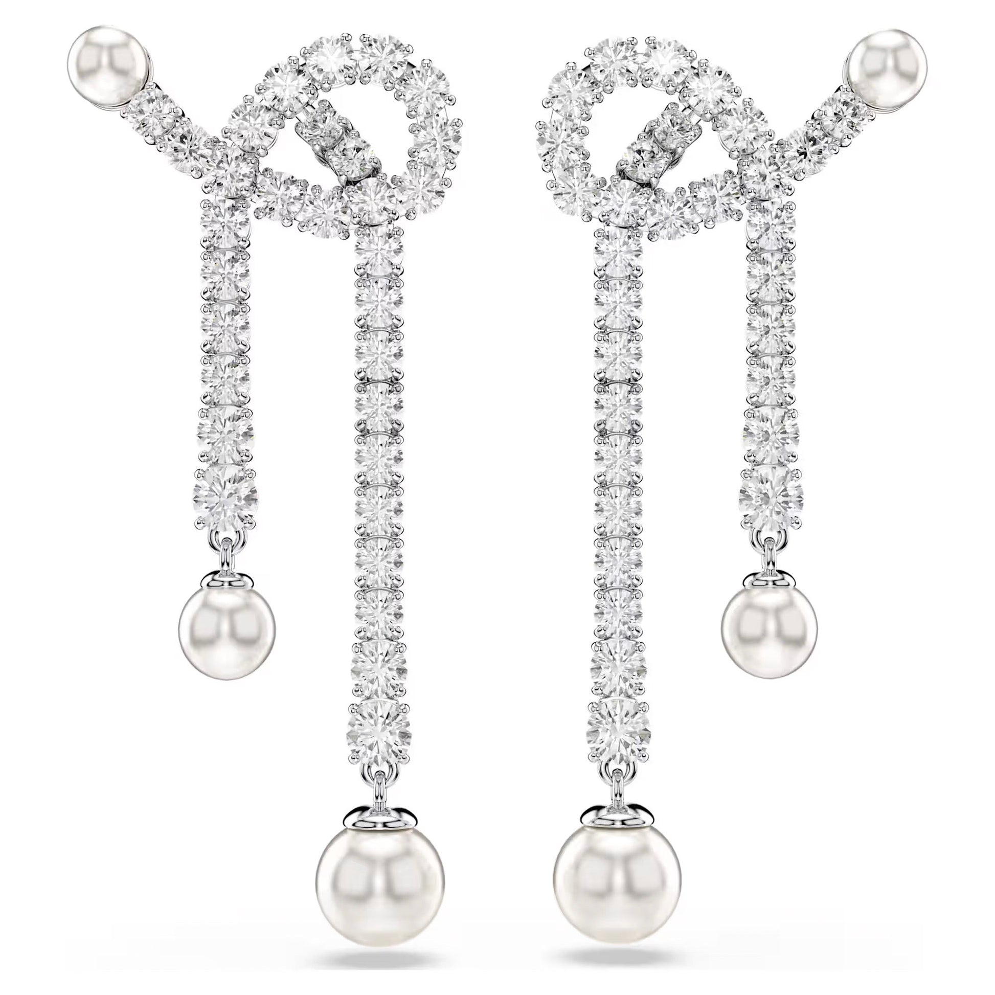 Introducing the Swarovski Matrix Drop Earrings by Swarovski: These elegant dangling earrings showcase a sparkling crystal loop design adorned with Swarovski Zirconia and an array of gemstones, culminating in a single drop of Swarovski Crystal Pearl. They exude sophisticated luxury.