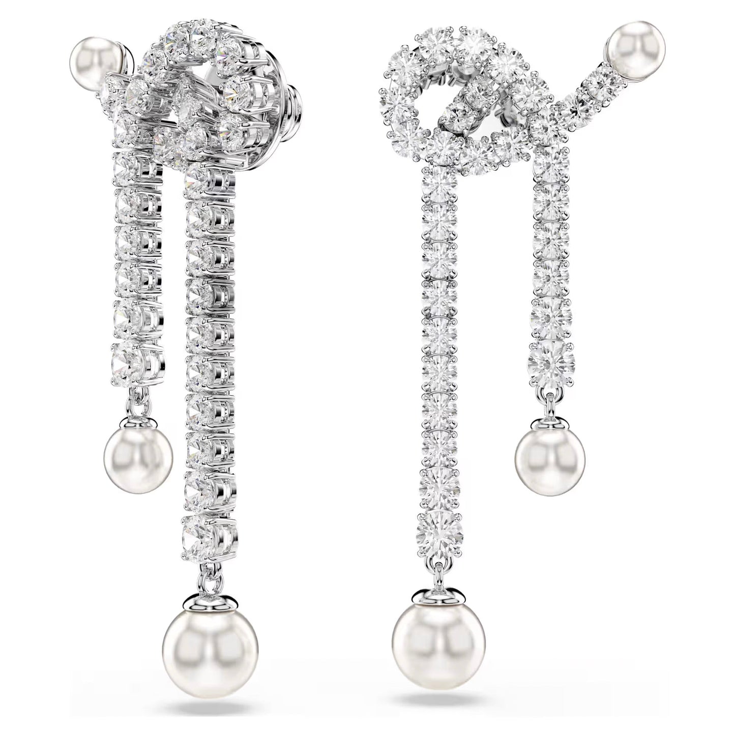 The Swarovski Matrix Drop Earrings from Swarovski showcase an intricate design with intertwining rhodium-plated silver loops adorned with sparkling Swarovski Zirconia and two elegantly hanging strands, each culminating in a round crystal pearl. They embody a perfect blend of luxury and artistry.