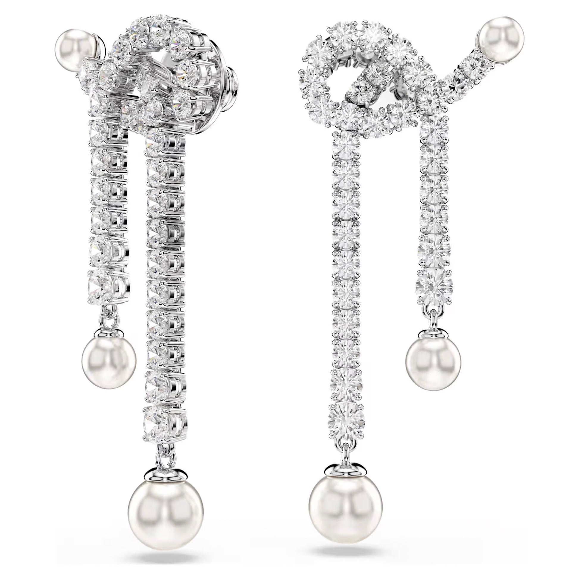 The Swarovski Matrix Drop Earrings from Swarovski showcase an intricate design with intertwining rhodium-plated silver loops adorned with sparkling Swarovski Zirconia and two elegantly hanging strands, each culminating in a round crystal pearl. They embody a perfect blend of luxury and artistry.
