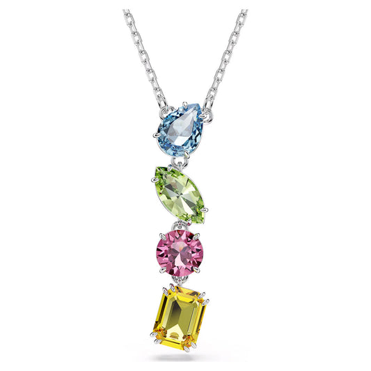 Swarovski's Gema Multicoloured Y Necklace Pendant showcases a silver necklace with a pendant adorned by four distinct gemstones, each in unique shapes and colors: a teardrop-shaped blue stone, an oval green Gema family gemstone, a round pink stone, and a square yellow jewel—all evoking the luxury of fine Swarovski crystals.