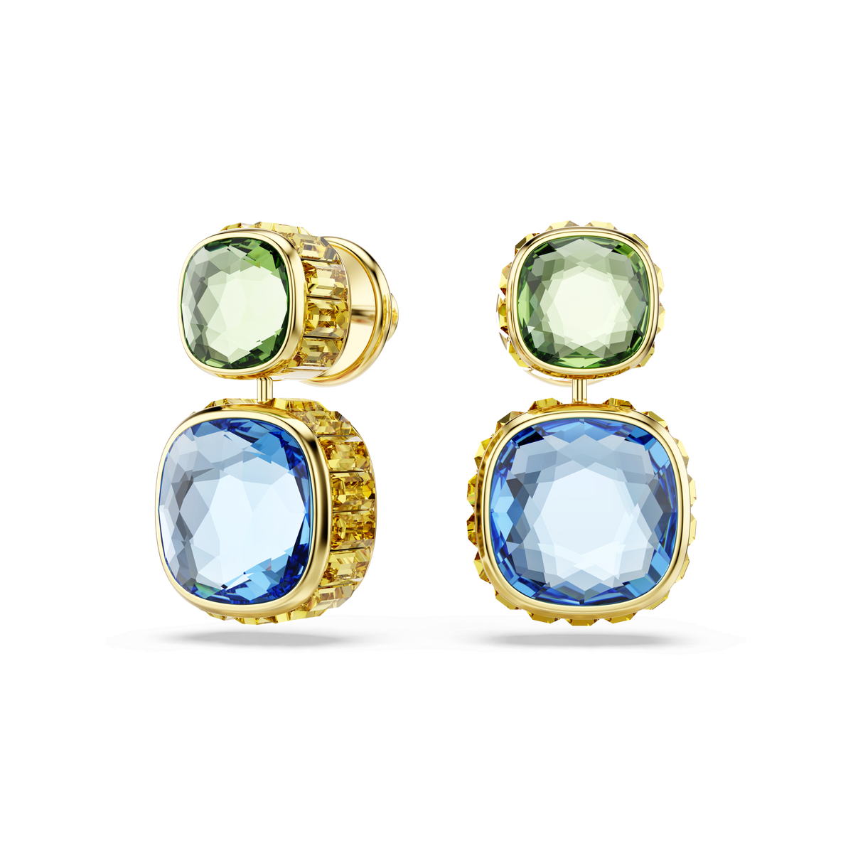 Swarovski Chroma drop earrings showcase cushion-cut, multicolored Swarovski crystals set in 18K gold-finished frames, displayed on a white background. These elegant earrings offer a sophisticated update to classic style.
