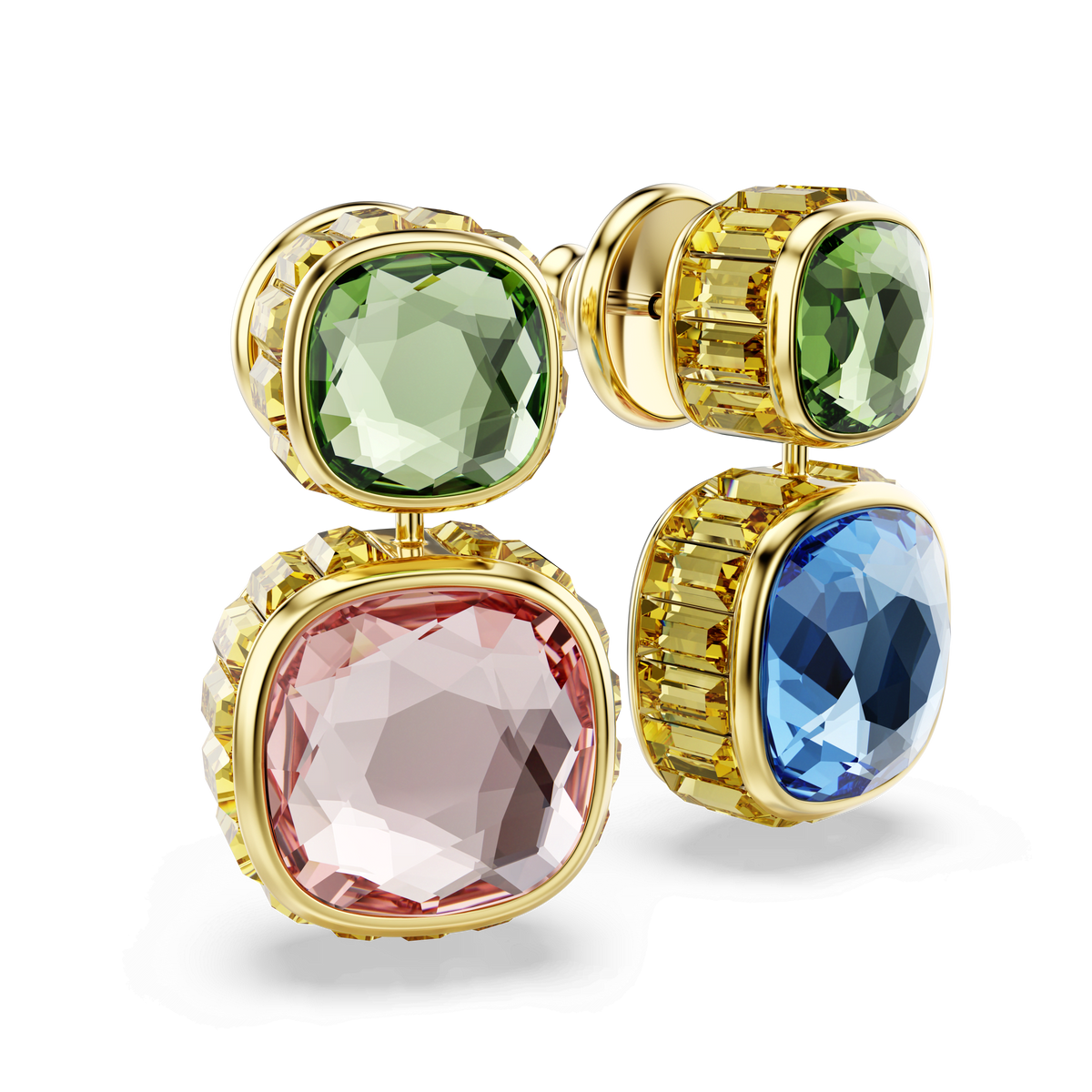 Add a pop of color and elegance to any look with the Swarovski Chroma drop earrings. Featuring cushion-cut, multicolored Swarovski ReCreated crystals in a decorative 18K gold finish setting, each earring showcases a green stone on top with either a vibrant pink or blue stone suspended below. Part of the Chroma Twist jewelry collection by Swarovski.