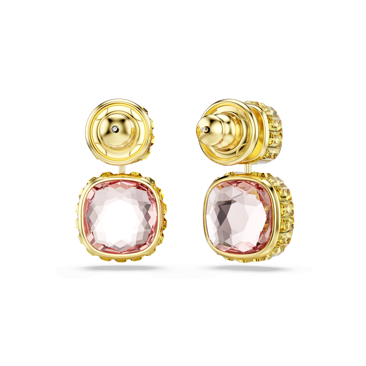 Swarovski Chroma drop earrings, featuring large, cushion-cut multicolored ReCreated crystals in bezel settings with an 18K gold finish, are displayed on a plain white background. The image also highlights the secure screw post backing design.