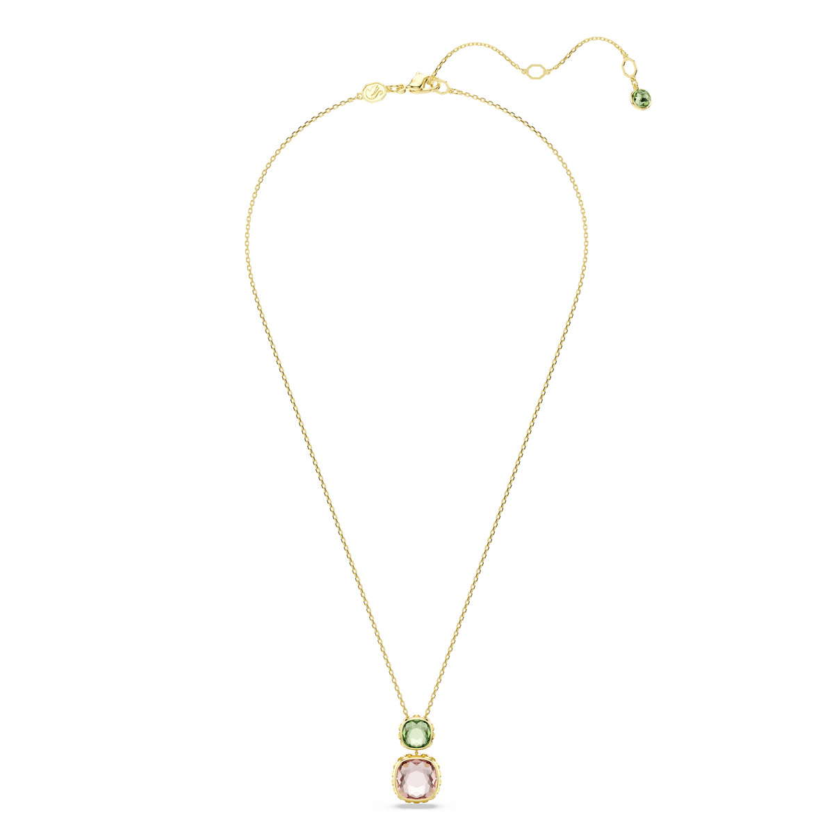 Swarovski Chroma pendant by Swarovski, featuring a cushion-cut multicolored Swarovski crystal in an 18K gold finish setting, displayed on a white background.