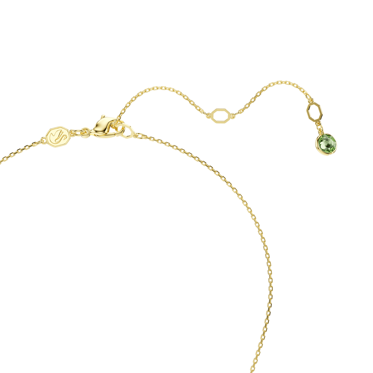 A delicate Swarovski Chroma pendant necklace featuring a multicolored cushion-cut Swarovski crystal charm, set on an 18K gold finish chain with adjustable links, a lobster clasp, and a signature small round tag at the end of the extender.