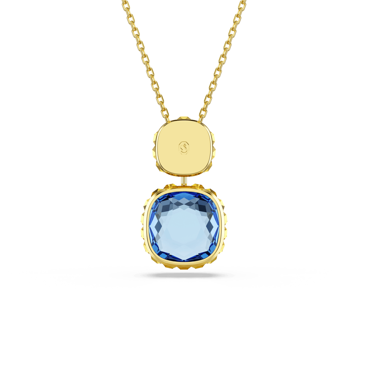 The Swarovski Chroma pendant features a cushion-cut, multicolored Swarovski crystal in a square design with an 18K gold finish, inspired by the Chroma Twist pendant, and is displayed on a white background.