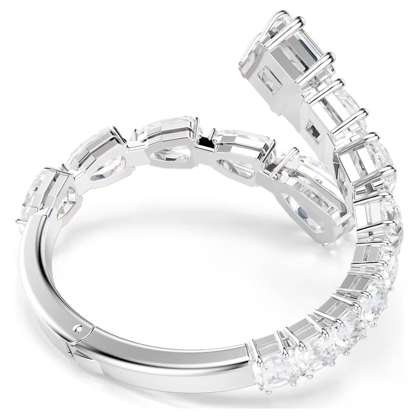 The Swarovski Matrix Bangle by Swarovski is a modern and luxurious piece, featuring a rhodium-plated silver design with elegantly arranged rectangular clear crystals in a continuous pattern.