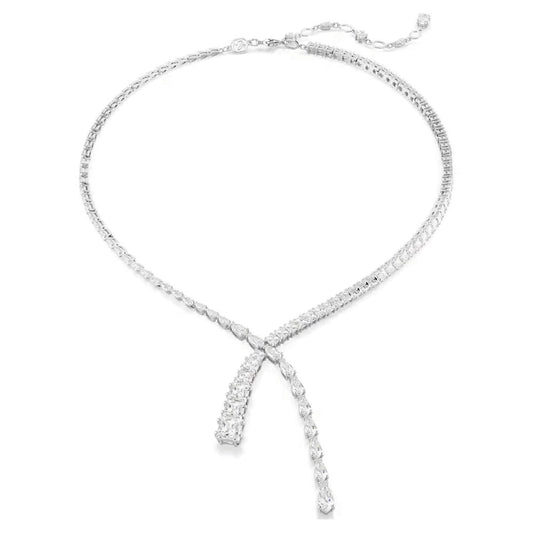 Introducing the Swarovski Matrix Y Necklace by Swarovski: a rhodium-plated silver V-necklace with a symmetrical design, highlighted by a Y-shaped drop composed of linked segments. It features an adjustable chain and clasp, adorned with sparkling Swarovski Zirconia for an elegant appearance.
