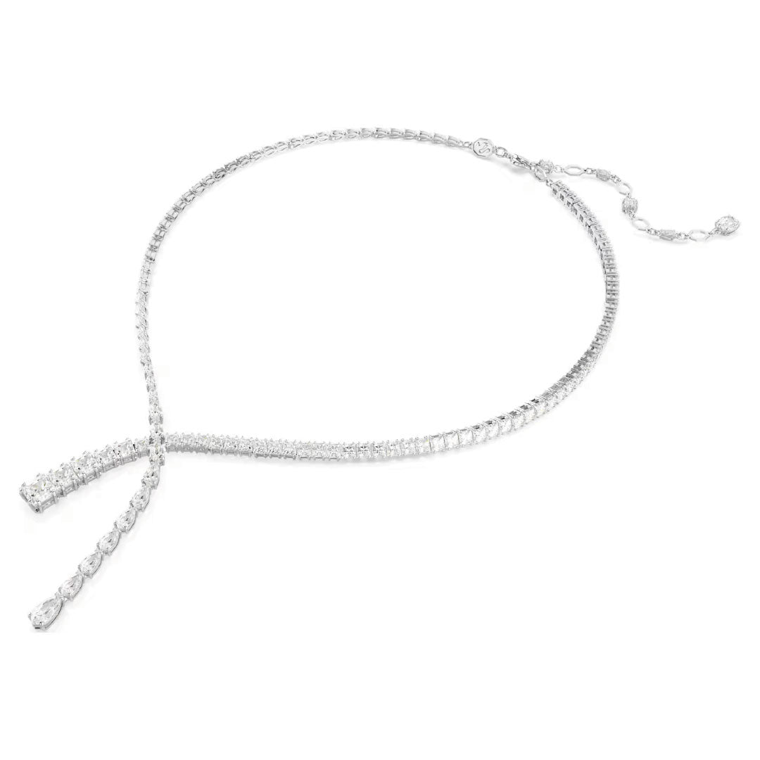 This Swarovski Matrix Y Necklace, crafted by Swarovski, features a delicate design with two strands ending in decorative drops that form an elegant Y-shape. It has an adjustable clasp for sizing, ensuring its overall appearance is both sophisticated and refined.