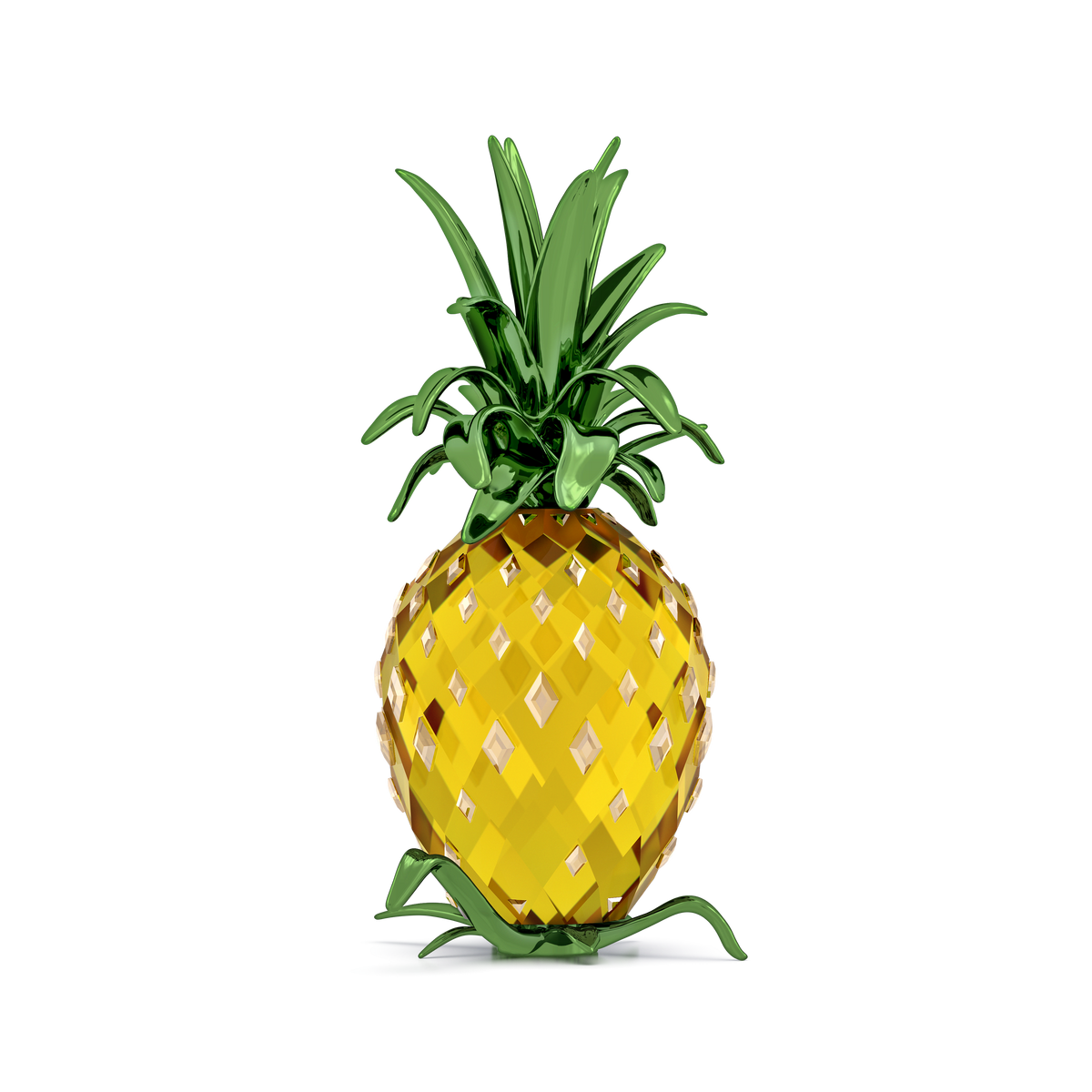 The Swarovski Idyllia Pineapple by Swarovski is a shiny, faceted yellow crystal sculpture with metallic-looking green leaves, set against a plain white background—an elegant piece of décor perfect for a striking pineapple display or to elevate your tropical home decor.