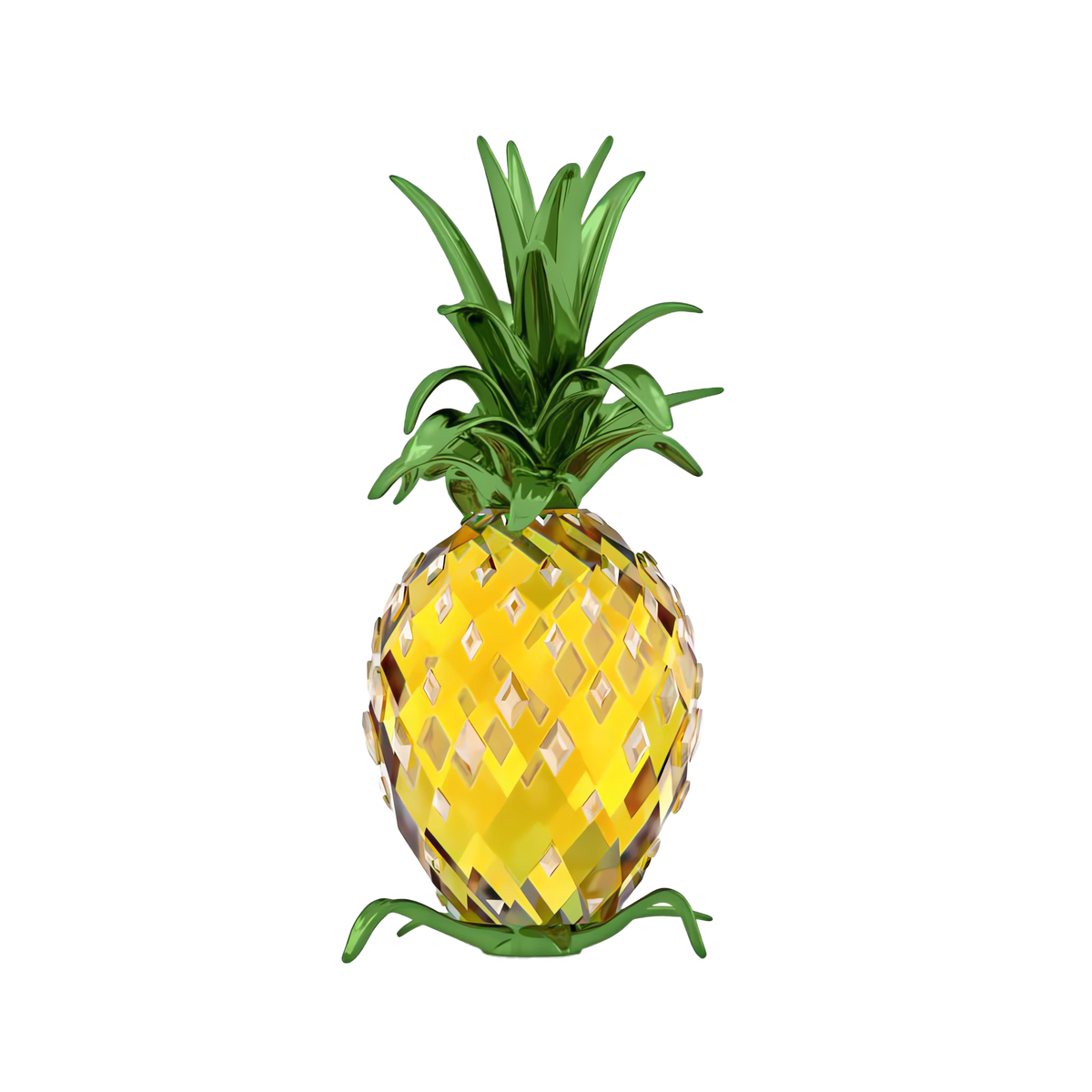 The Swarovski Idyllia Pineapple by Swarovski features a shiny, faceted design with vibrant green leaves and a yellow diamond-patterned body, set against a plain white background—perfect as crystal décor to elevate sophisticated tropical home decor or as a stunning pineapple display.