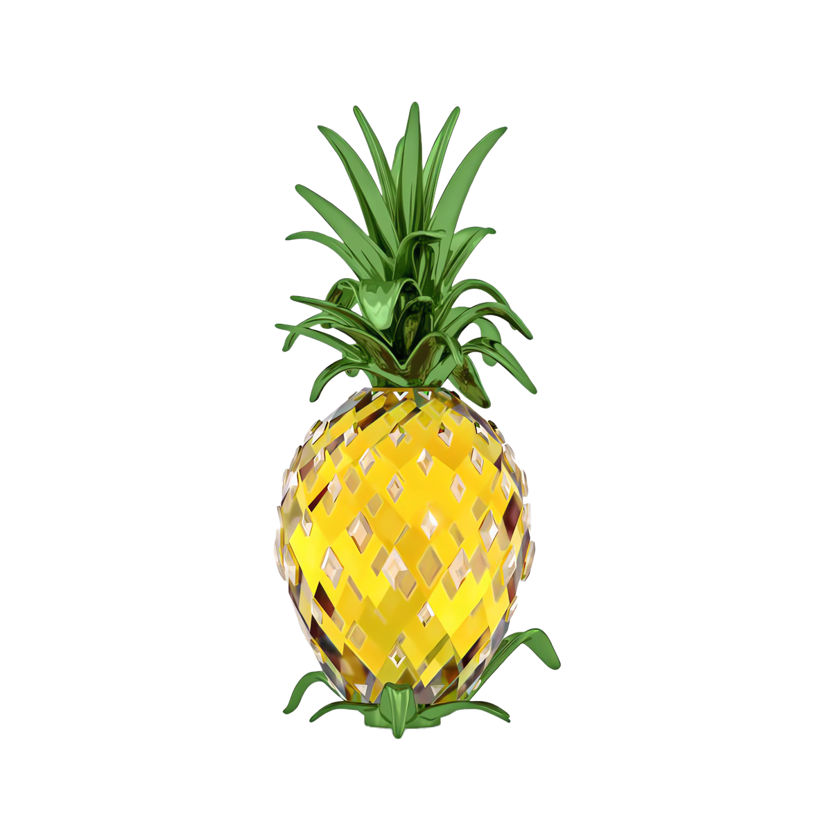 Add a touch of tropical elegance to any space with the Swarovski Idyllia Pineapple, featuring yellow and gold geometric shapes accented by glossy green leaves on a clean white background—perfect for stylish home decor.