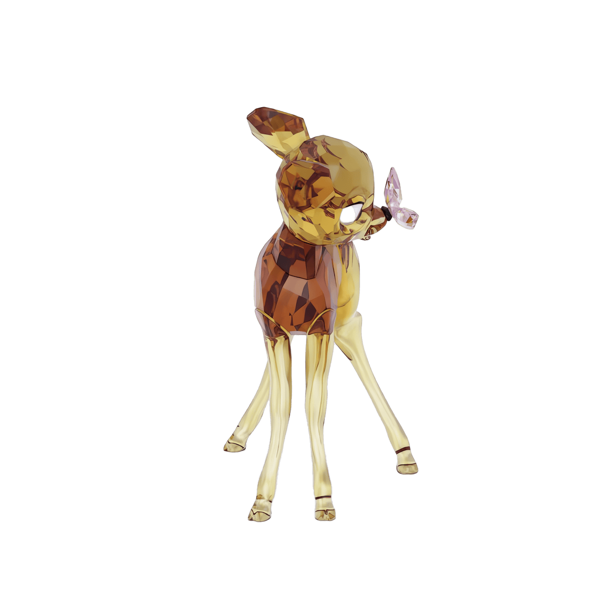 A faceted glass figurine of a small deer with a butterfly on its tail, rendered in amber and yellow hues, stands on a white background. The Swarovski Disney Classics Bambi figurine is crafted from sparkling Swarovski crystal, making it a delightful collectible for Disney fans.