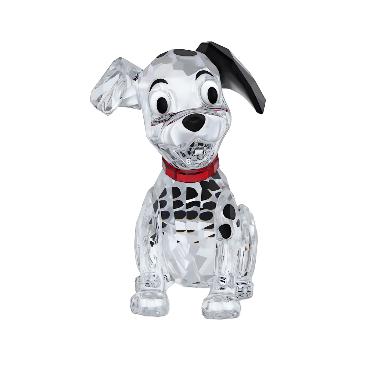 The Swarovski Disney Classics 101 Dalmatians - Lucky figurine by Swarovski is a collectible crystal piece featuring a Dalmatian puppy inspired by Disney’s 101 Dalmatians. The figurine showcases Lucky with a red collar, black spots, one black ear, and large eyes, sitting and looking forward with a cheerful expression—making it a delightful addition for any fan or collector.
