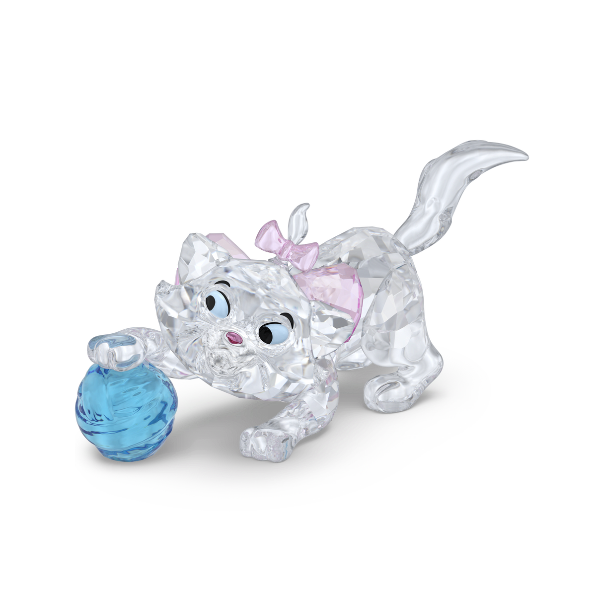 Introducing the Swarovski Disney Classics The Aristocats - Marie: a dazzling crystal figurine by Swarovski, capturing playful Marie with a pink bow, crouched with one paw on a blue ball. Set against a plain white background, this enchanting piece makes the perfect gift for any Disney fan.