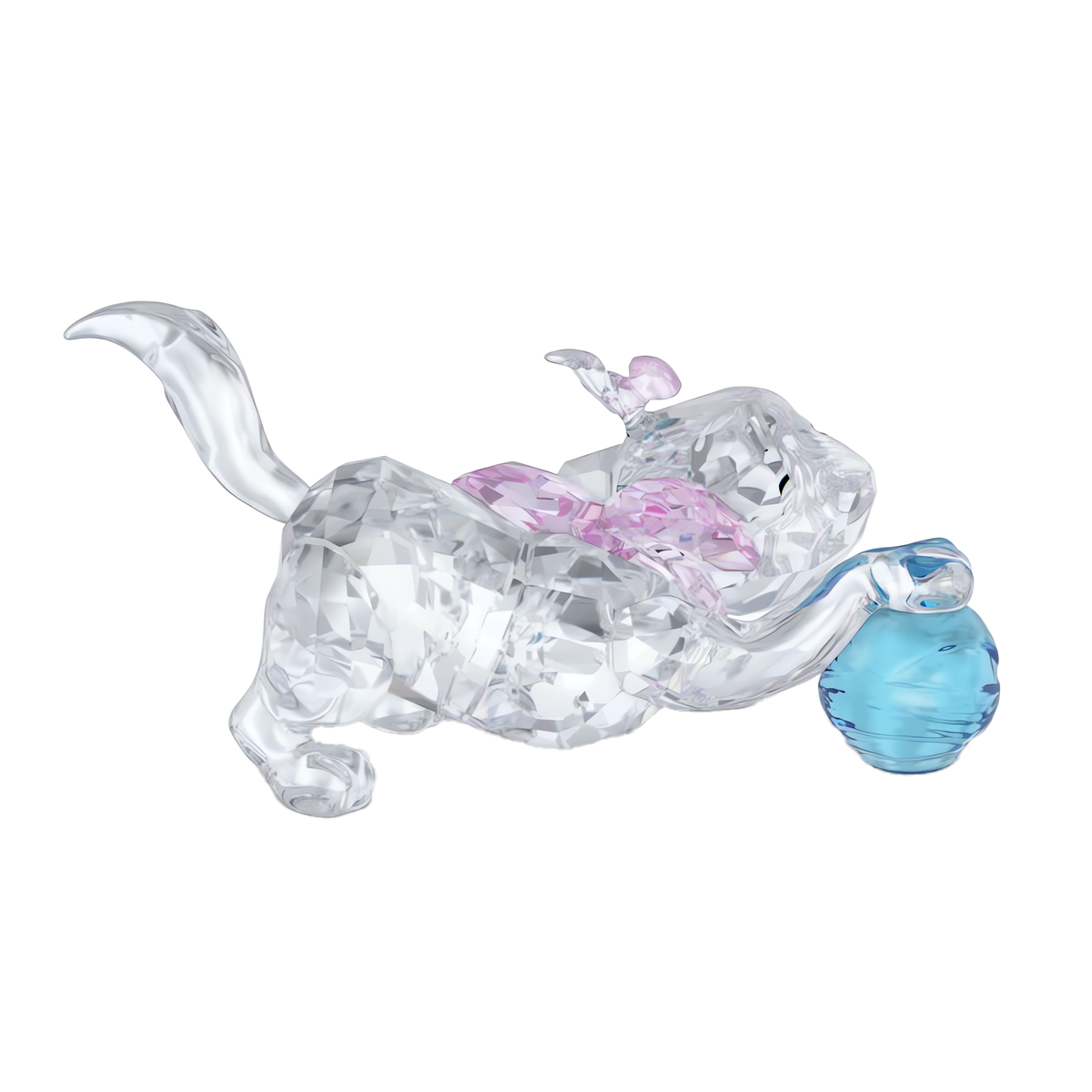 Introducing the Swarovski Disney Classics The Aristocats - Marie figurine: a delightful crystal collectible featuring the playful kitten Marie with a pink bow and butterfly, holding a blue ball against a white background—an ideal gift for any Disney fan or Marie collector from Swarovski.