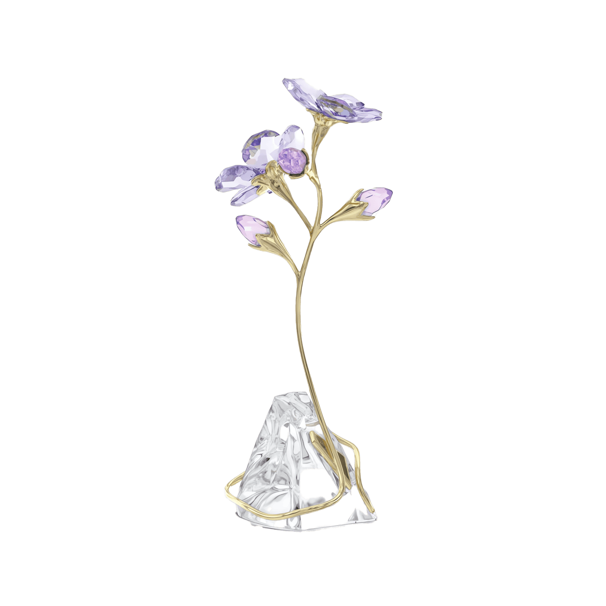 Displayed on a white background, the Swarovski Florere Rozanne by Swarovski is a stunning piece of crystal flower decor. This delicate sculpture features purple crystal petals, gold-colored stems, and a clear crystal base, beautifully capturing the elegance of a Rozanne Geranium.
