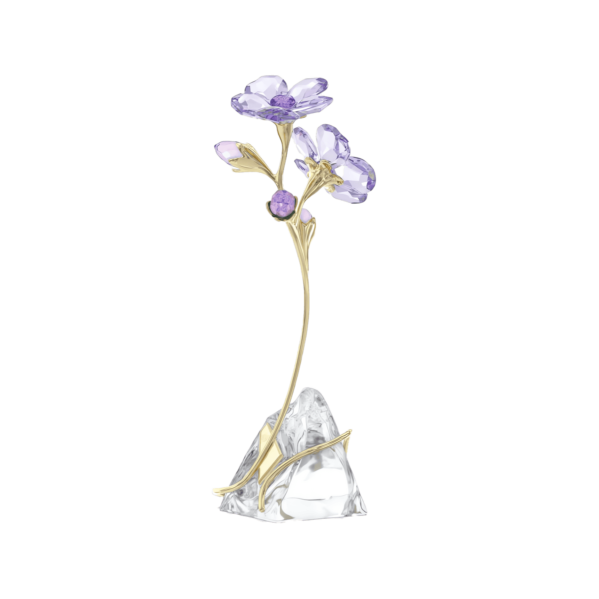 Discover the Swarovski Florere Rozanne by Swarovski—a stunning piece of crystal flower decor featuring three delicate purple flowers, inspired by the vibrant Rozanne Geranium, with gold-toned stems set on a clear, faceted crystal base against a white background.