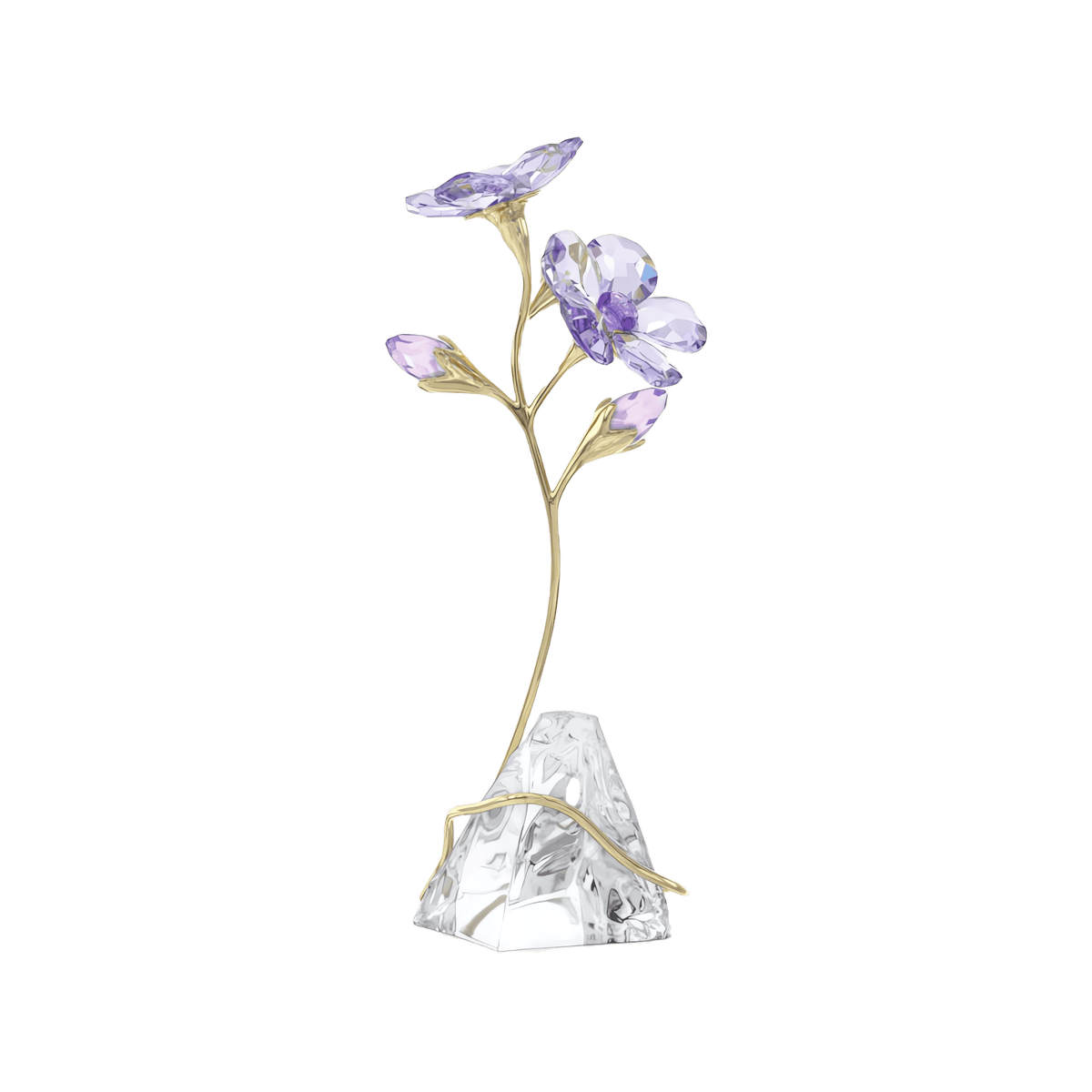 The Swarovski Florere Rozanne by Swarovski is a delicate crystal flower sculpture showcasing three light purple blooms inspired by the Rozanne Geranium, with gold-plated stems and leaves, all set on a faceted clear crystal base—an elegant decorative piece for your home, beautifully displayed against a plain white background.