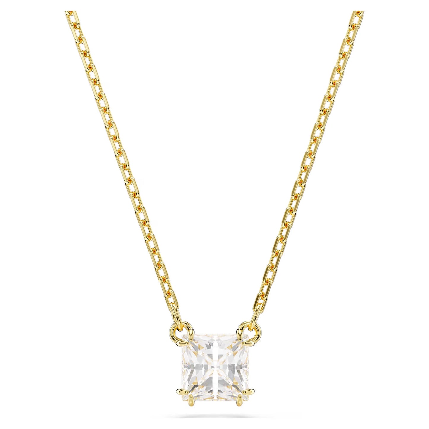 The Swarovski Stilla Attract Necklace Pendant by Swarovski features a gold-tone plated chain with a square-cut Swarovski Zirconia pendant. The stone is securely held in place by a four-prong setting, and the chain boasts a smooth, polished finish. This design offers an elegant and minimalist appeal.