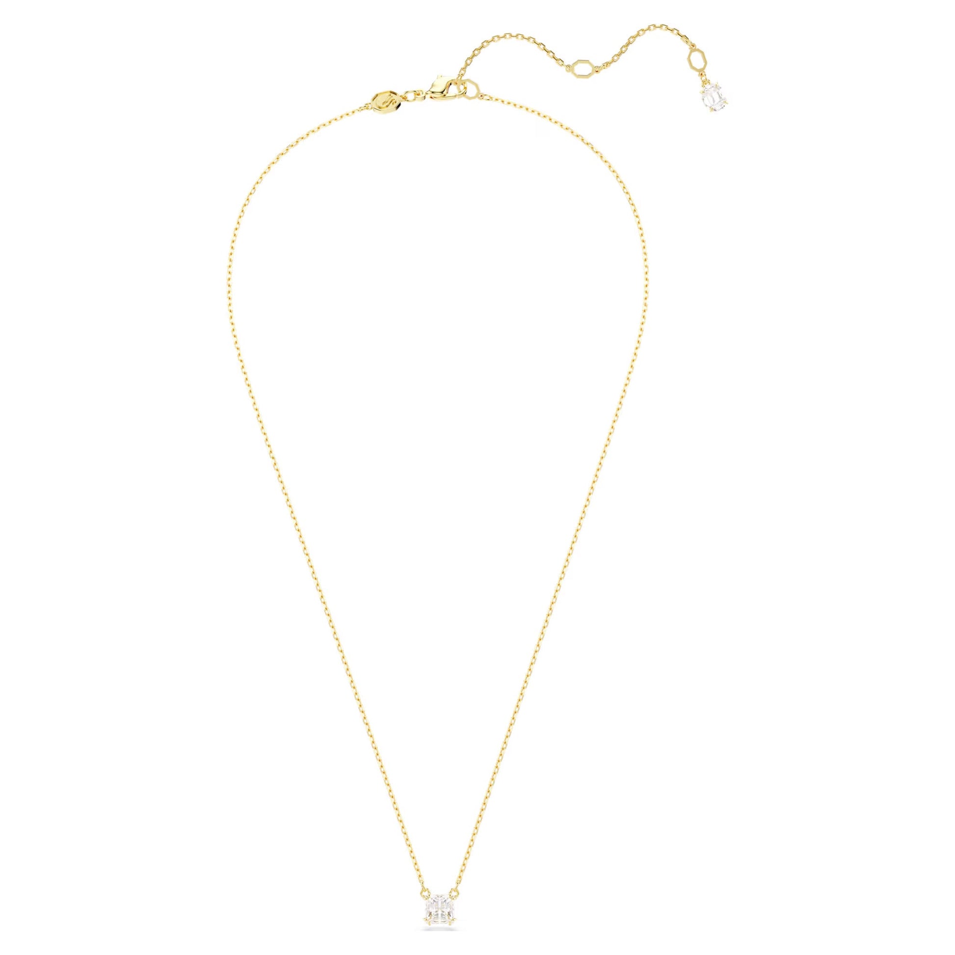 Introducing the Swarovski Stilla Attract Necklace Pendant by Swarovski, a graceful necklace with a gold-tone plated finish and a petite Swarovski Zirconia pendant. The chain is designed with an adjustable clasp and adorned with an enchanting decorative charm at the end.