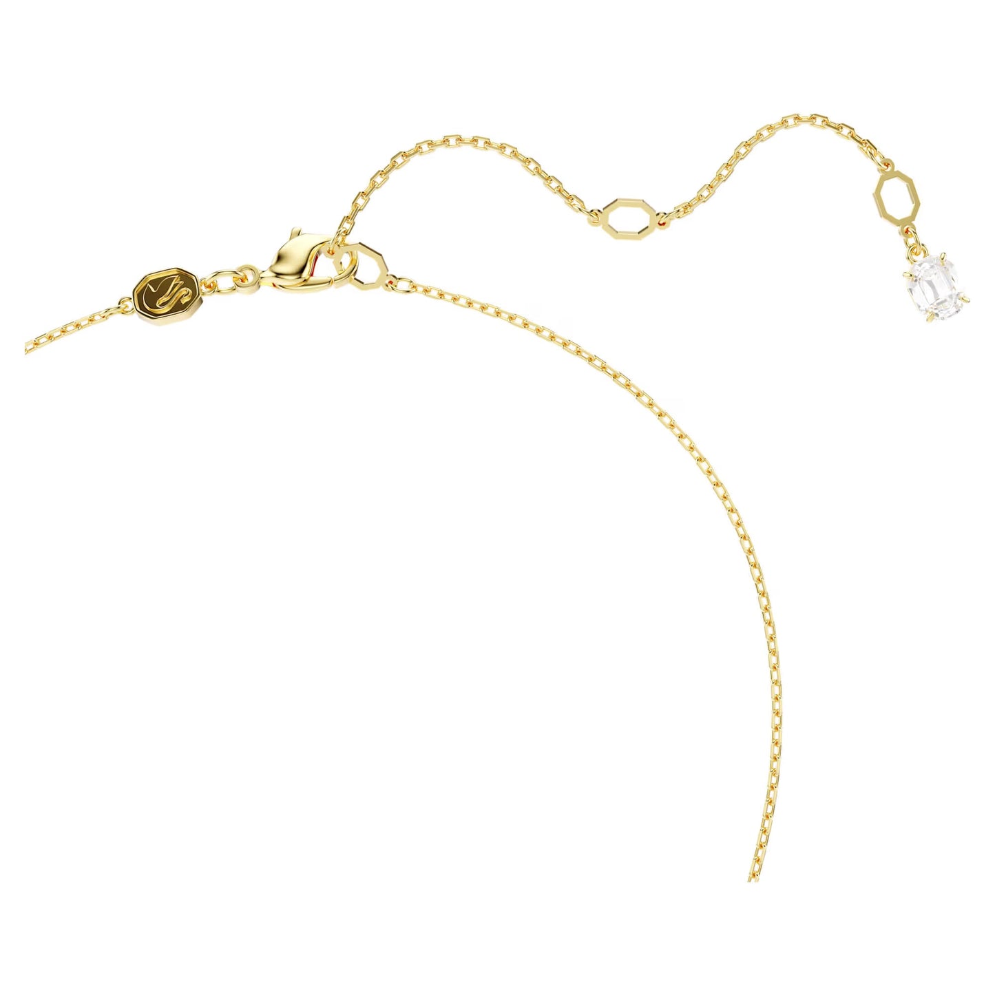 Introducing the Swarovski Stilla Attract Necklace Pendant by Swarovski, featuring a delicate gold-tone plated chain with small geometric links and a secure lobster clasp. An emerald-cut Swarovski Zirconia pendant elegantly dangles from one end of the necklace.